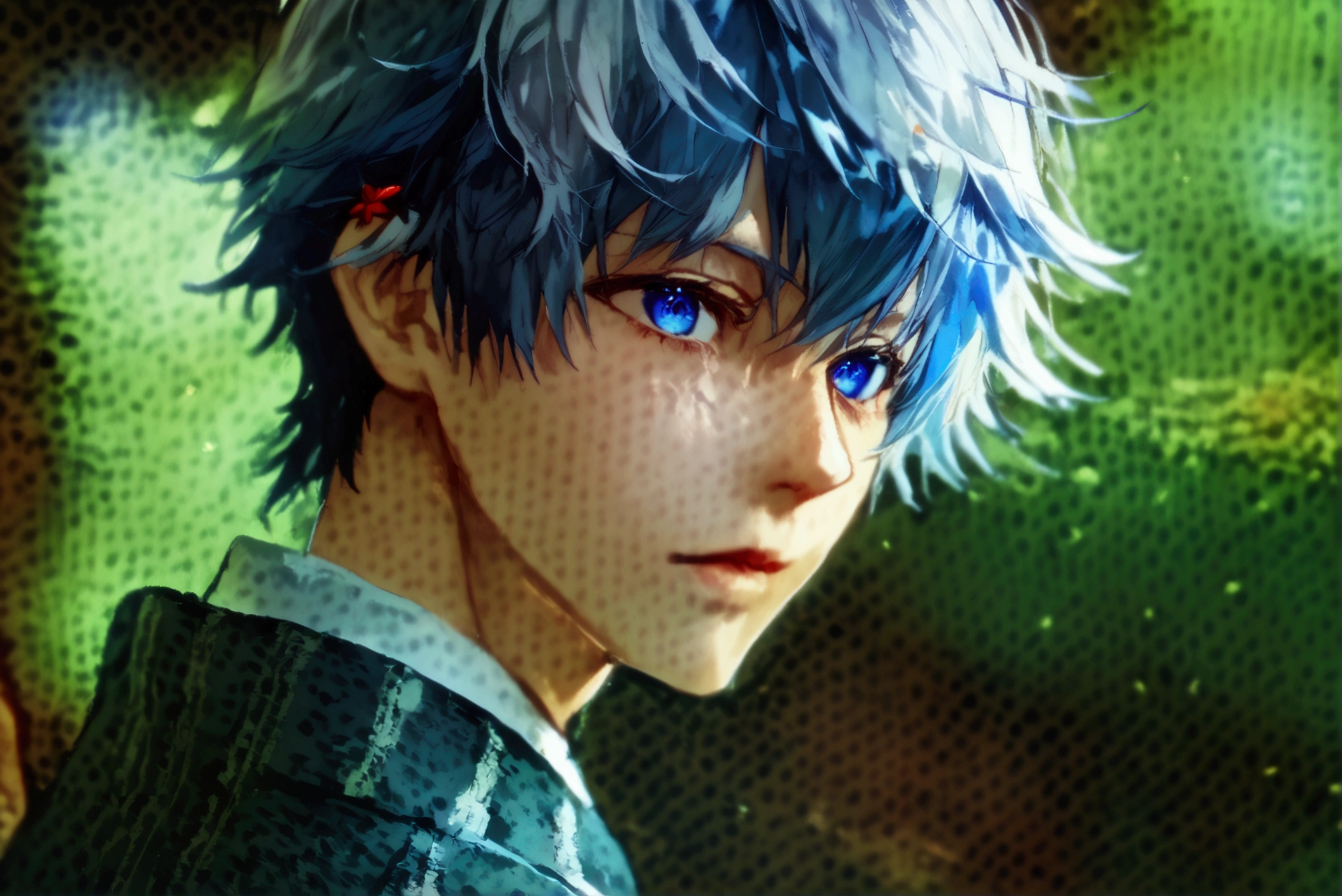 1boy,Blue and white hair color,Blue and white hair color,Red Hairpin,full body,green backgroud,cardigan,
