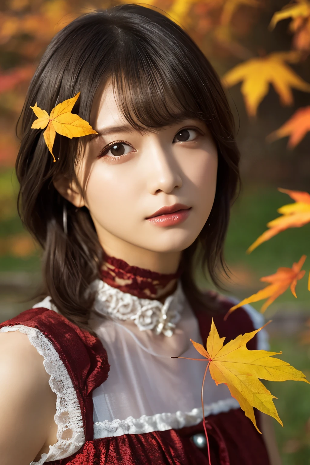  1 girl, A very beautiful portrait of a Japanese singer, ( Red Dress ), ( gothic makeup ) ,
(RAW Photo Best Quality), (Realistic, Realistic:1.4), (masterpiece), 
 Very detailed, 2k wallpaper, wonderful, finely,  Very detailed,  CG Unity 8k Wallpaper ,  Very detailed,  high definition , Soft light, 
 Beautiful Girl Carefully Drawn in Every Detail ,  Very detailedな目と顔,  Beautiful and Elegant Nose ,  beautiful beautiful eyes,  Film Lighting , 
(Bromide photography ), (short hair), (The girl is standing on the ruins of an abandoned railway in a mountainous area:1.2), ( covered with weeds and rusted railroad tracks ), (Decayed sleeper ), (autumn leaves),
 perfect anatomy, Slender body,  smaller breasts, Thin legs, whole body