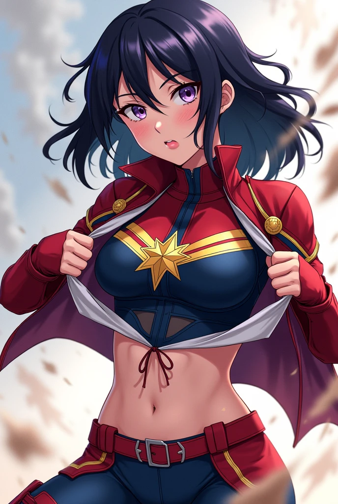 sexy captain marvel sexy girl no clothes, big bobs , White background, butt tattoo tattoo, sexy pantyhose, sweating a lot, gloves on hands, girl having sex with a white man