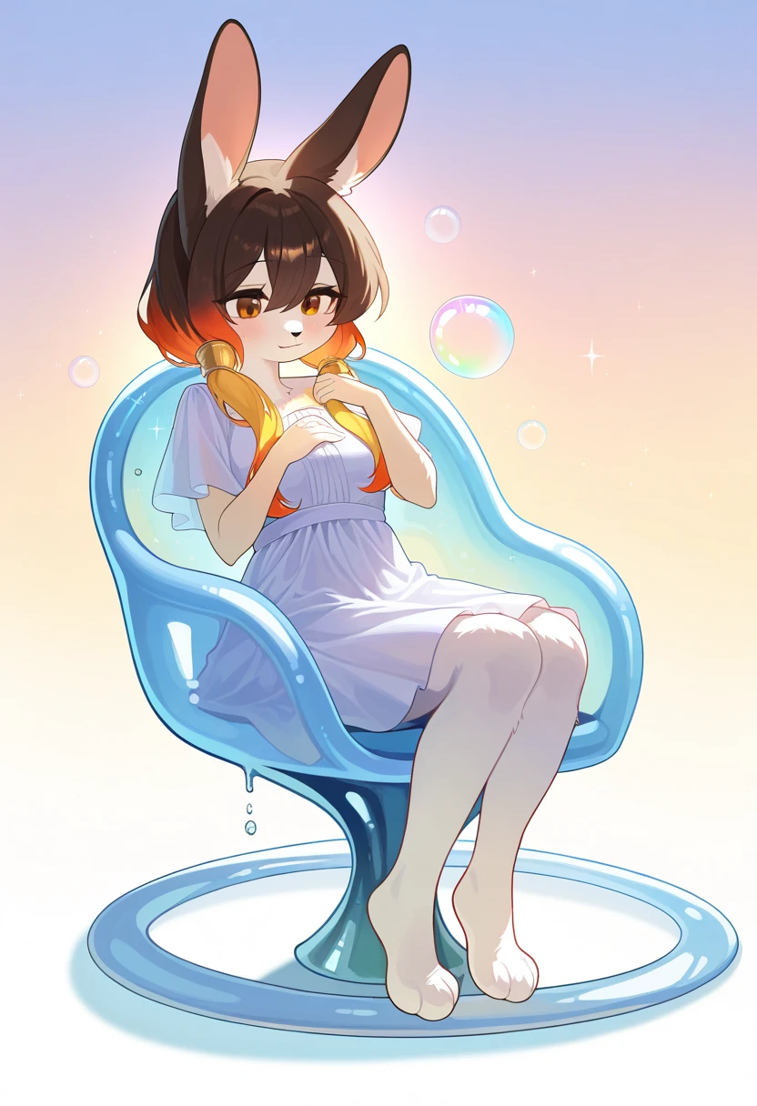 1girl, (furry, kemono:1.3), rabbit, rabbit girl, rabbit ears, soap bubble chair, A serene and ethereal scene of a graceful woman sitting on a fluffy, iridescent chair crafted from countless luminous soap bubbles, each reflecting delicate rainbow hues. She is surrounded by a magical, pastel-colored sky, with soft morning light filtering through wisps of translucent clouds. The air is filled with drifting, shimmering bubbles of varying sizes, some glowing faintly with magical energy. Her flowing, silky dress sparkles gently, blending harmoniously with the dreamy atmosphere, while her radiant hair catches the soft light, adding a golden glow. Intricate details of the bubble textures, the interplay of light and shadow on her dress, and the tranquil, otherworldly ambiance create a surreal yet enchanting mood. masterpiece, best quality, amazing quality, very aesthetic, absurdres, 