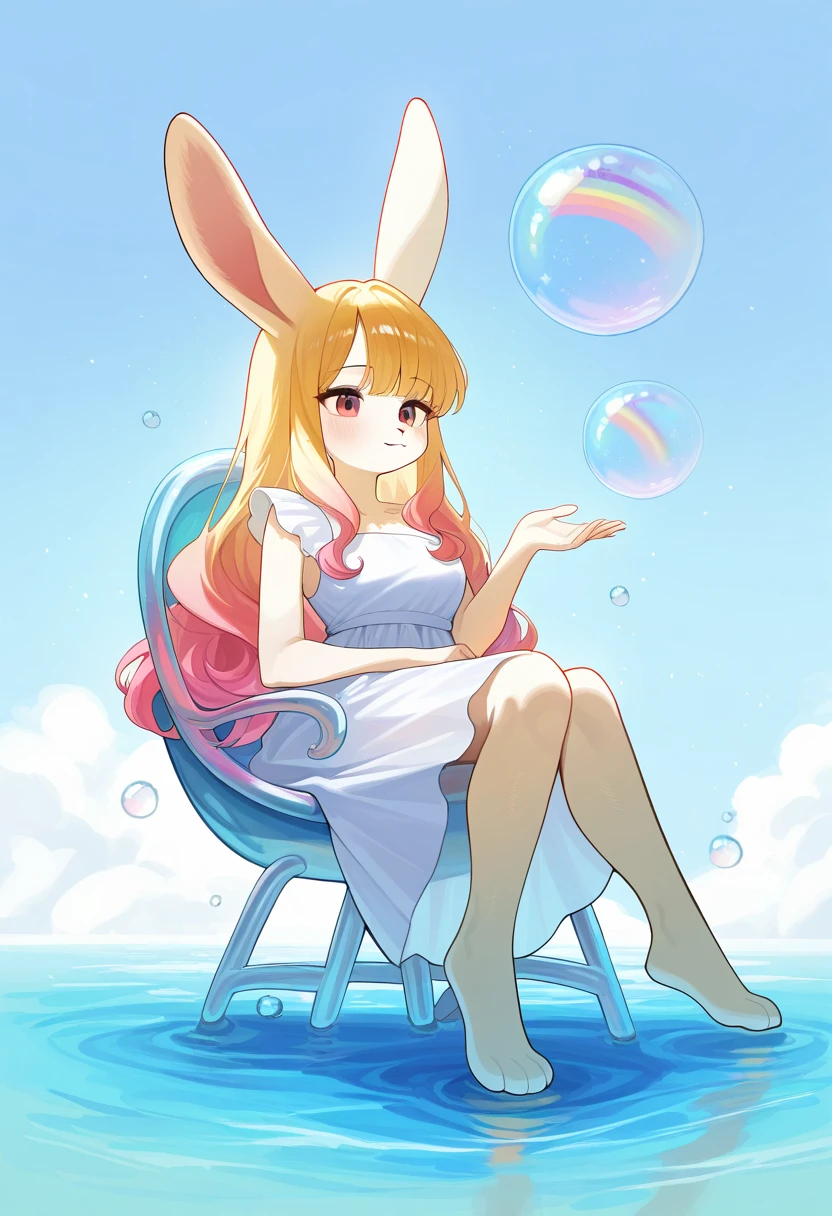 1girl, (furry, kemono:1.3), rabbit, rabbit girl, rabbit ears, soap bubble chair, A serene and ethereal scene of a graceful woman sitting on a fluffy, iridescent chair crafted from countless luminous soap bubbles, each reflecting delicate rainbow hues. She is surrounded by a magical, pastel-colored sky, with soft morning light filtering through wisps of translucent clouds. The air is filled with drifting, shimmering bubbles of varying sizes, some glowing faintly with magical energy. Her flowing, silky dress sparkles gently, blending harmoniously with the dreamy atmosphere, while her radiant hair catches the soft light, adding a golden glow. Intricate details of the bubble textures, the interplay of light and shadow on her dress, and the tranquil, otherworldly ambiance create a surreal yet enchanting mood. masterpiece, best quality, amazing quality, very aesthetic, absurdres, 