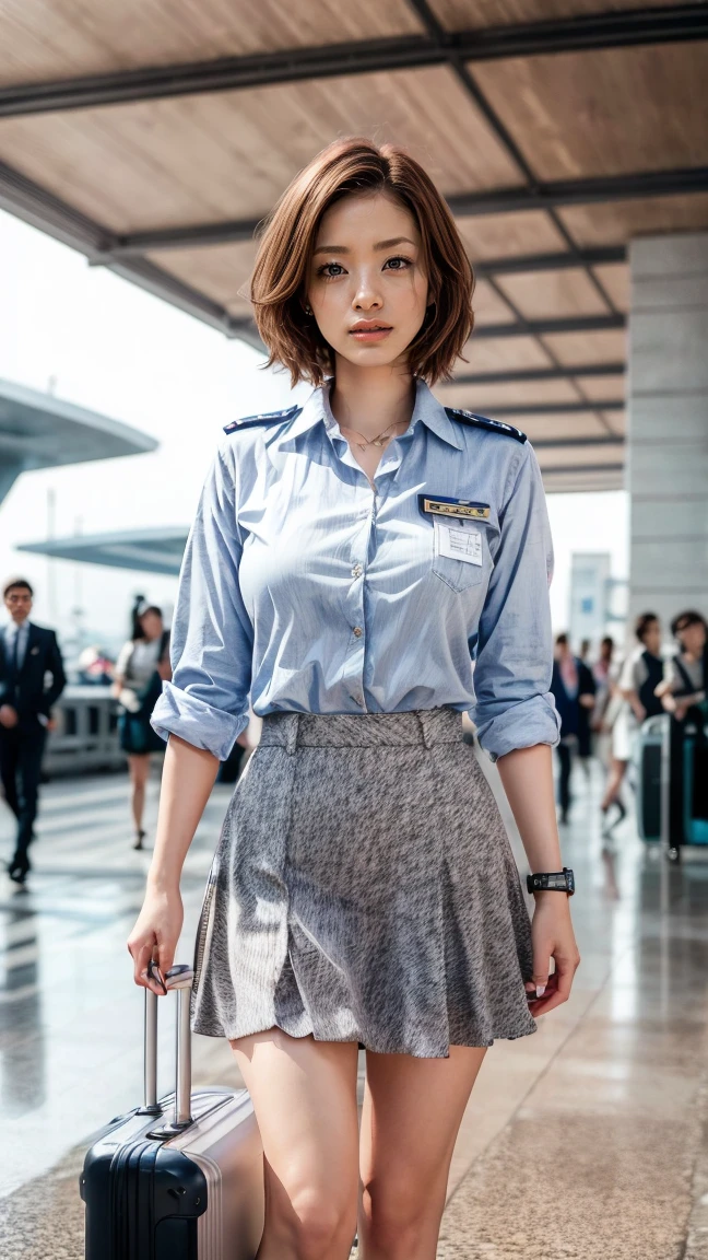 A beautiful, 24-year-old Japanese woman with perfect anatomy, healthy thighs, beautiful legs, beautiful skin, random hair color and style, large breasts, wearing a flight attendant uniform (1.3) with a mini-skirt (1.3), full body shot, pumps, carrying a suitcase, at the airport, (best quality,4k,8k,highres,masterpiece:1.3),(extremely detailed:1.2),realistic,photorealistic,photo-realistic:1.37,professional,vivid colors,studio lighting