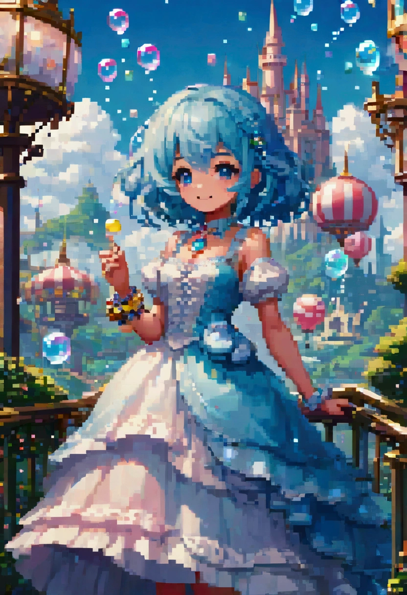 detailed colorful fantasy amusement park, Magical Bubbles floating everywhere，Pixel Art, Low resolution,  block , Pixel Art风格, 8-bit graphics, Anime Girl，Gradient eyes， disheveled blue hair ， blush， charming smile ， Elegant and flowing dress ，Hair accessories，necklace， Whimsical and magical atmosphere ，Soft Light， bright colors ， surreal clouds ，Beautiful bokeh，Film composition，Wide-angle field of view， Stunning visual effects ，Imaginative