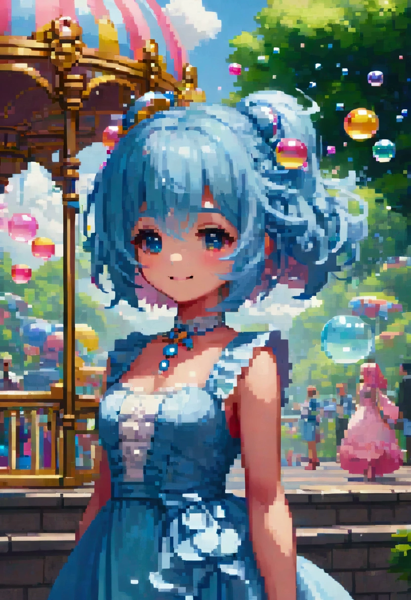 detailed colorful fantasy amusement park, Magical Bubbles floating everywhere，Pixel Art, Low resolution,  block , Pixel Art风格, 8-bit graphics, Anime Girl，Gradient eyes， disheveled blue hair ， blush， charming smile ， Elegant and flowing dress ，Hair accessories，necklace， Whimsical and magical atmosphere ，Soft Light， bright colors ， surreal clouds ，Beautiful bokeh，Film composition，Wide-angle field of view， Stunning visual effects ，Imaginative