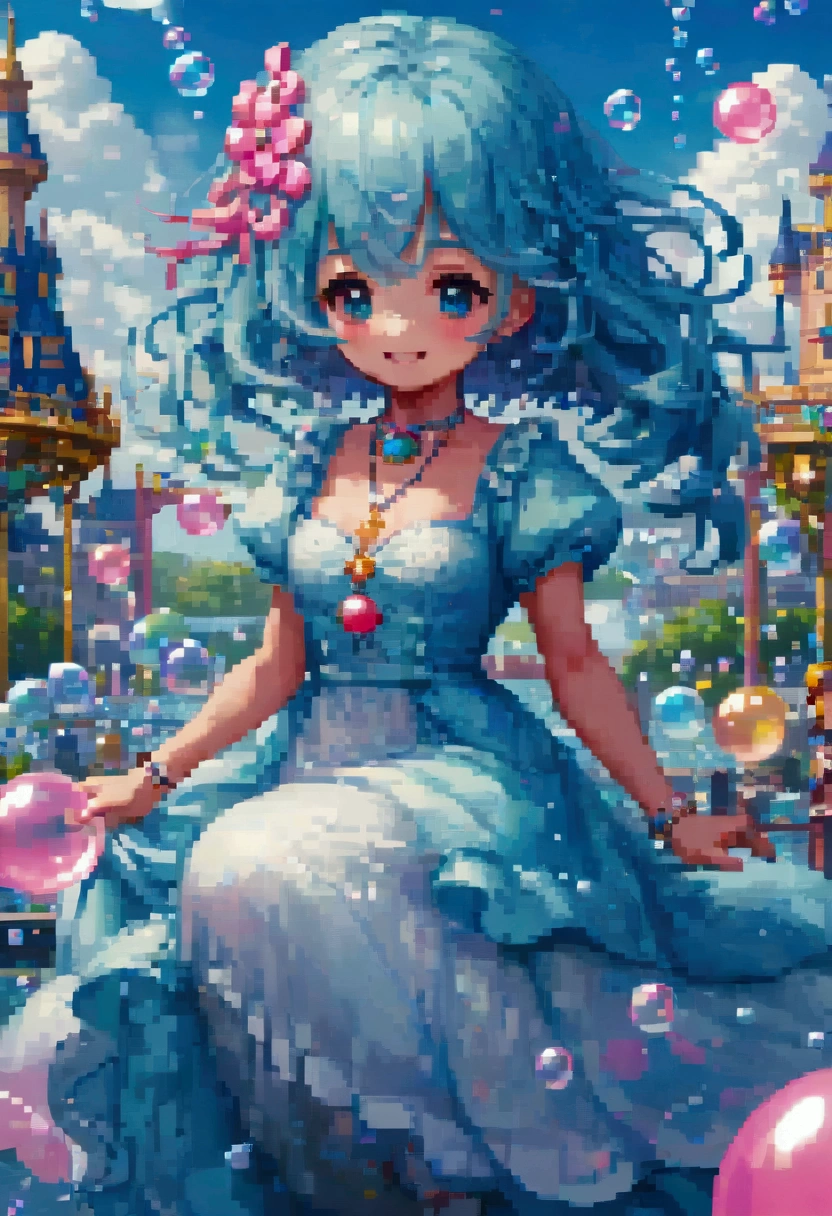 detailed colorful fantasy amusement park, Magical Bubbles floating everywhere，Pixel Art, Low resolution,  block , Pixel Art风格, 8-bit graphics, Anime Girl，Gradient eyes， disheveled blue hair ， blush， charming smile ， Elegant and flowing dress ，Hair accessories，necklace， Whimsical and magical atmosphere ，Soft Light， bright colors ， surreal clouds ，Beautiful bokeh，Film composition，Wide-angle field of view， Stunning visual effects ，Imaginative