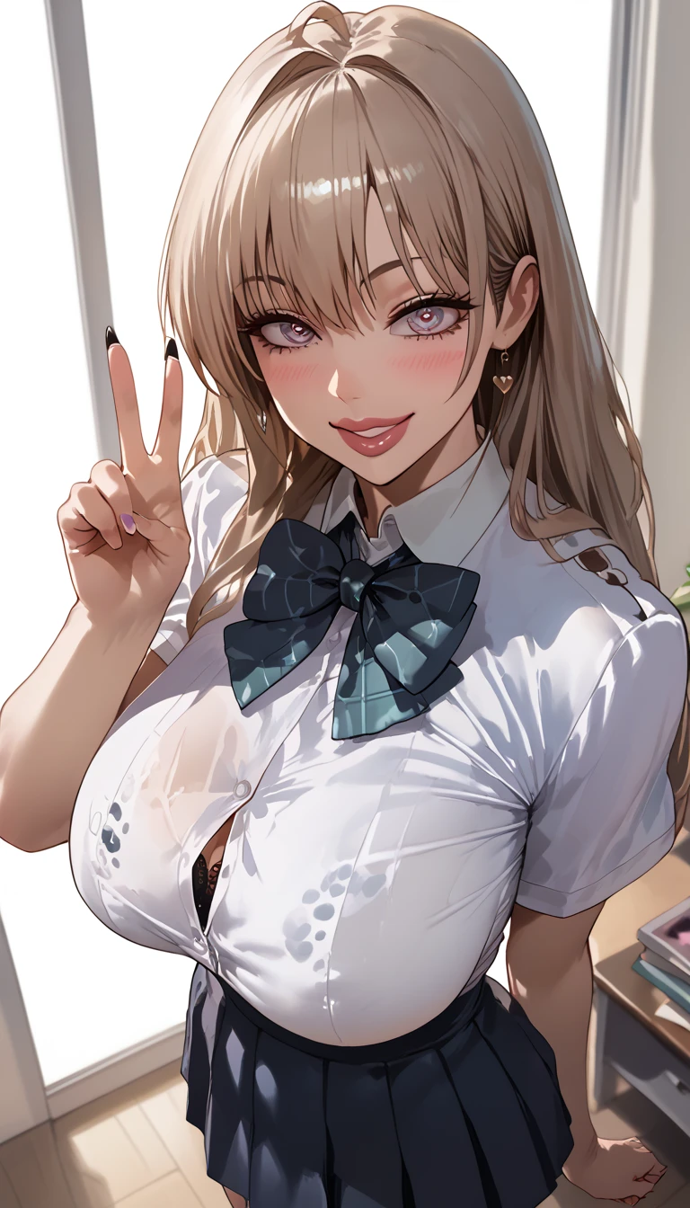 score_9, score_8_up, score_7_up, source_anime,masterpiece,best quality,beautiful detailed eyes, beautiful detailed lips, extremely detailed eyes and face, long breasts, 1 woman, Smile, school uniform, black bra ,large sagging breasts, shockingly large breasts, large breasts, tight waist, stylish body, room, ecstatic expression, flushed face, peace sign , shooting from above