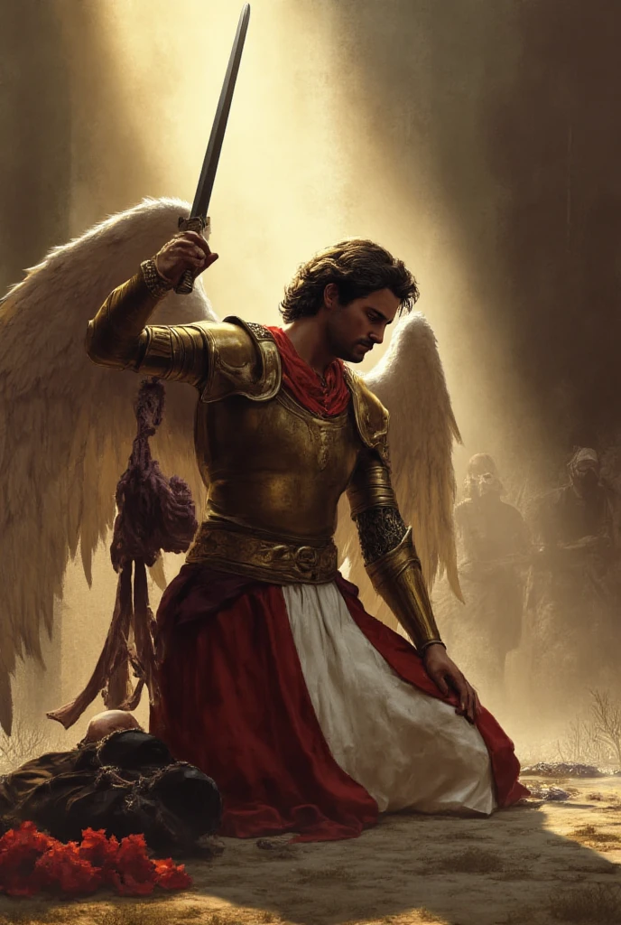 Angel Gabriel with sword in hand, super realista, Stepping on Lucifer's Head