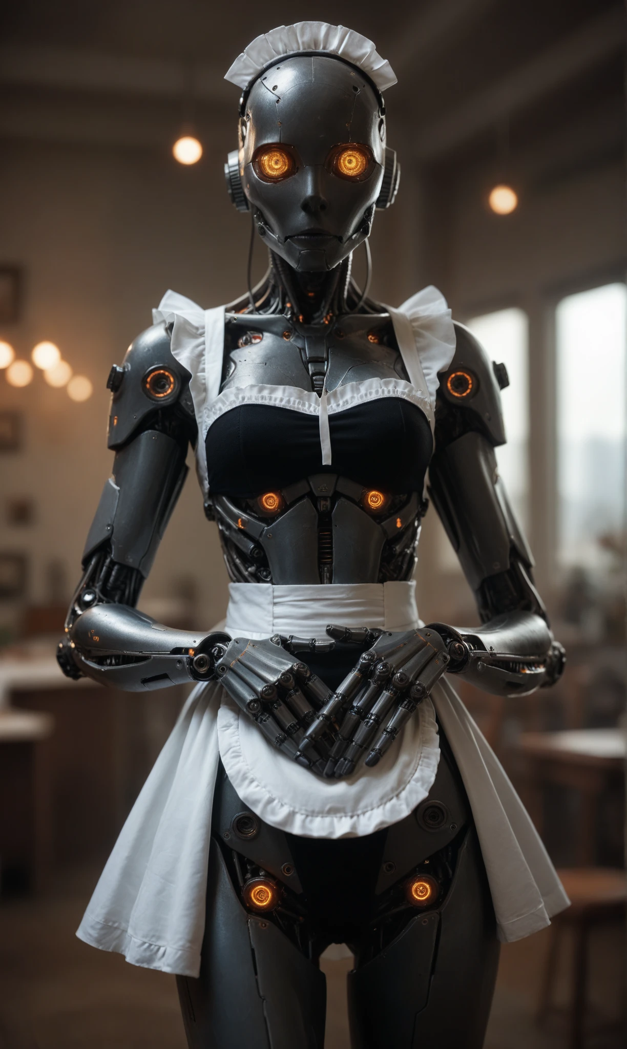 score_9, score_8_up, score_7_up, score_6_up, photo, realism, photorealistic, (cowboy shot), cyborg, mechanical face, mechanical body, big boobs, mechanical arms and legs, exoskeleton, (maid uniform), posing, looking at viewer, depth of field, bokeh