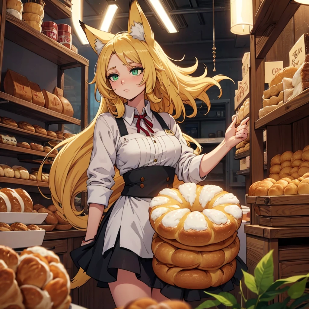 Create an image of an anime girl, 19 years old, fox ears, fox tail , long hair, green eyes, very dark big circles under eyes, dark circles under eyes, blonde hair, baker in bakery with french breads