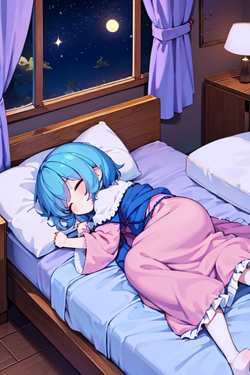 Anime style, baby girl, blue short wavy hair, light blue eyes, abandonned in casket, sad, crying, wrapped in white cloth