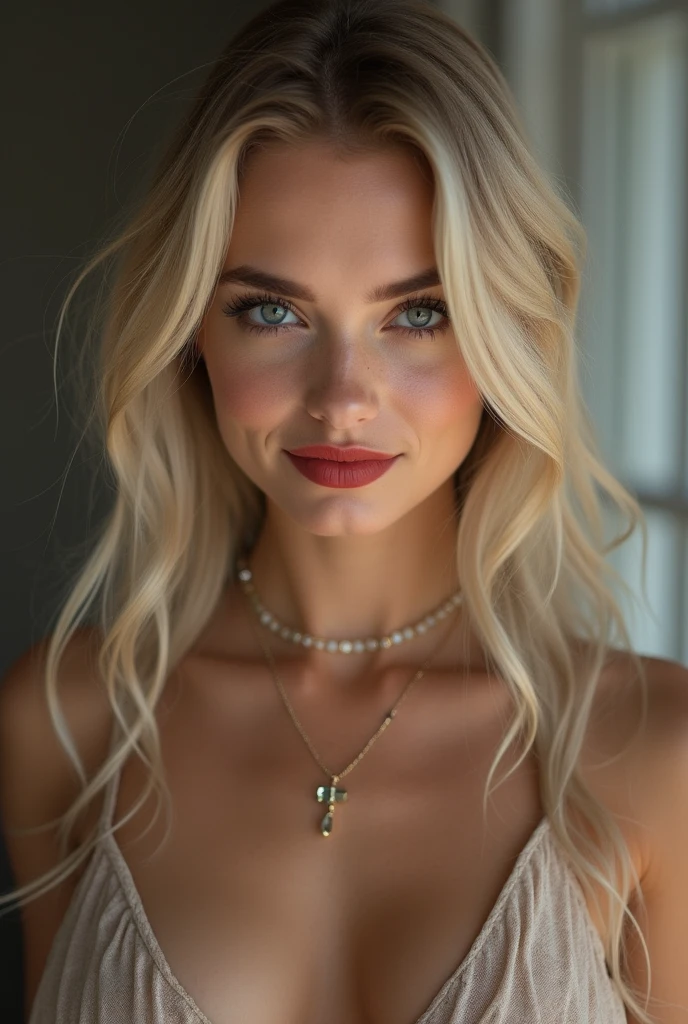 1Fille 18 ans, seulement, Cheveux longs, seins de taille moyenne, Regarder le spectateur, cheveux blonds, bare shoulders, yeux bruns, Joaillerie, corps entier entier, Collier, Schulterfrei, chandail, minora, Realstic, nez, flirting with camera