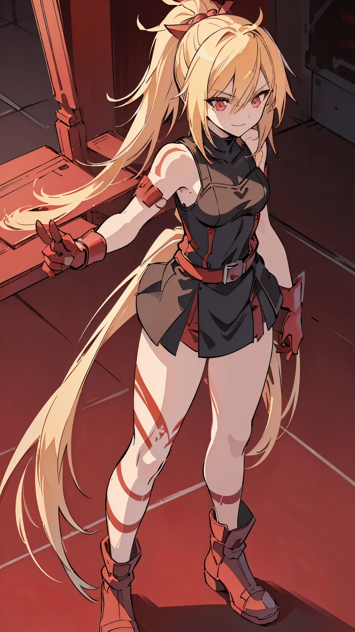 (masterpiece, best quality:1.2), red glowing eyes, red eyes, the eyes are red, perfect face, strong make up, highres, 1 girl, ultra long ponytail, (female:1.5), strife, blonde hair streaked with lots of red highlights, two colors hair (blond and red), hight flame mistress outfit, shoulder armor, sleeveless turtleneck, suspenders, belt, gloves, bracer pre potent smile , relaxed arms , evil smile, evil pose, standing, portrait, looking at viewer,  Her hair is streaked with lots red and blonde highlights, moon tribal tattoo, full body overview, full body view