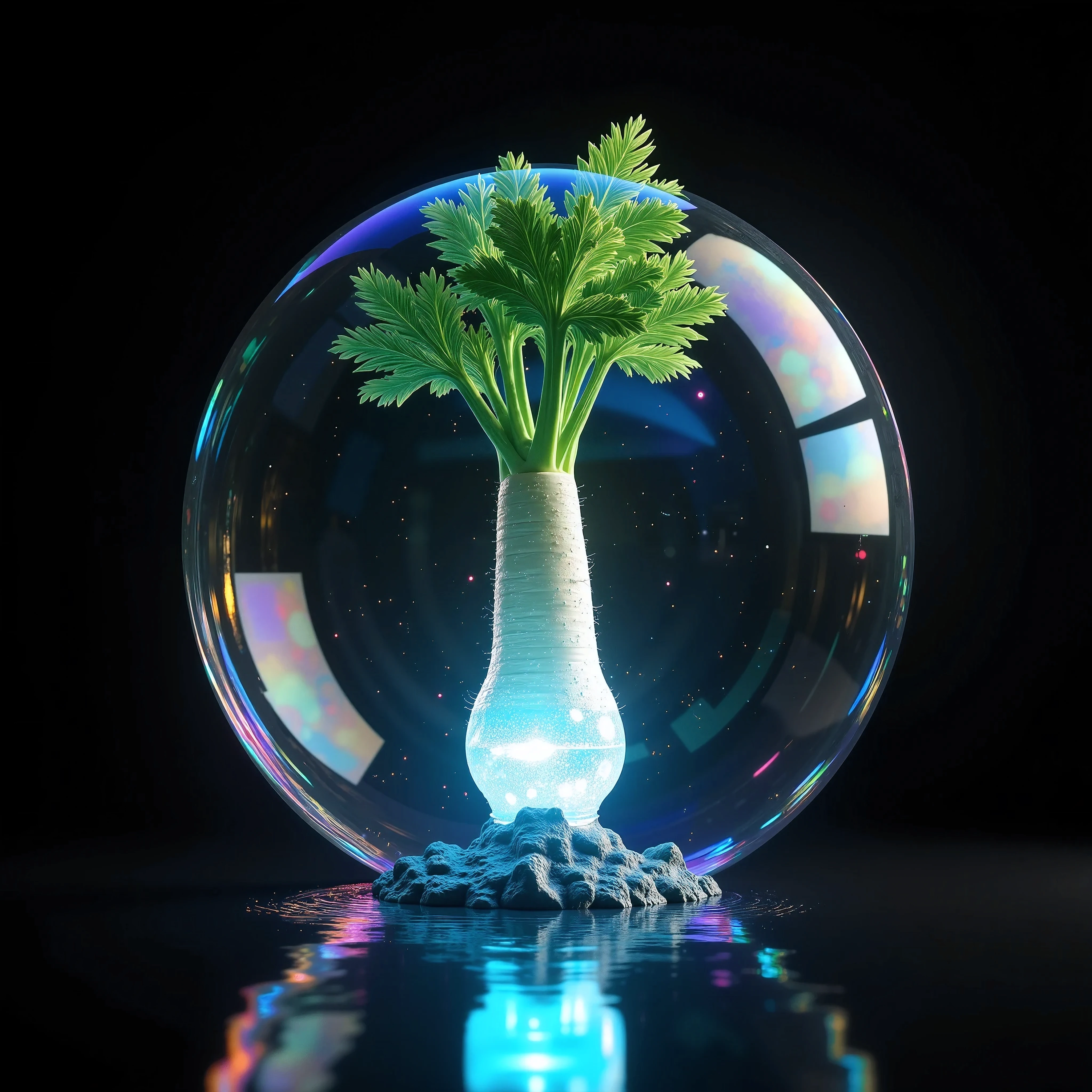 There is a japanese DAIKON solo, (Branched radish, with two tips extending downward, Japanese white radish, Bifurcated Branch, Natural orientation against gravity, Real vegetables), wrapped in (a magic huge bubble, holographic, rainbow), completely covers, Magical bubbles will make DAIKON evolve, very cute magical effect, black background, ARW