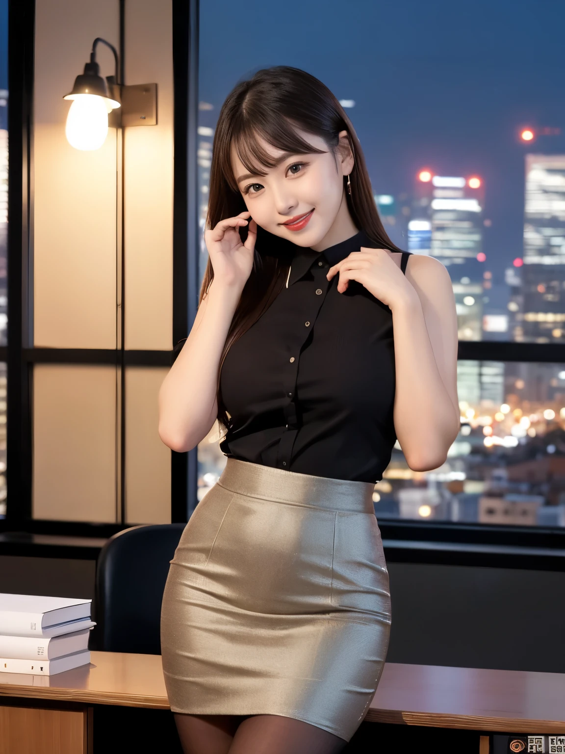 Woman in a black shirt and gold skirt posing for a picture - SeaArt AI