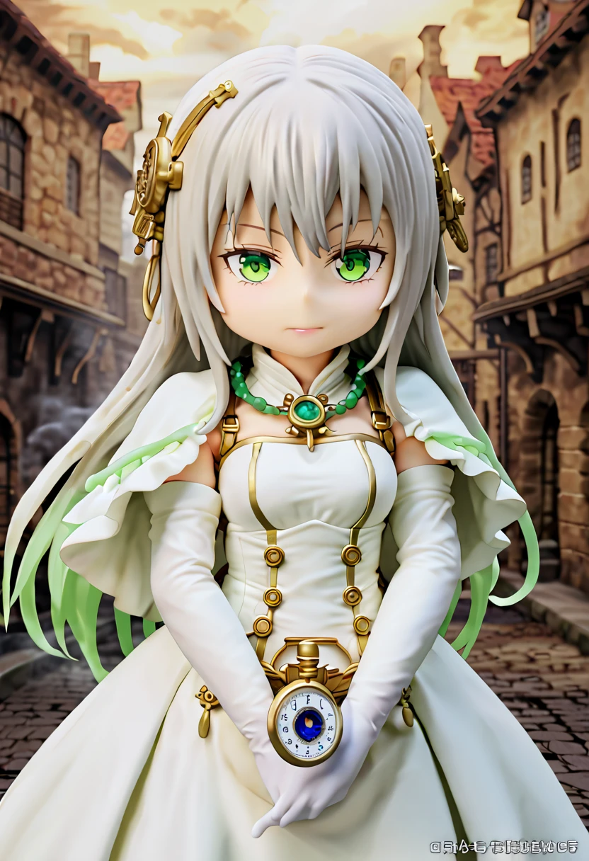  Head to Toe Composition ,  full body view ,(masterpiece:1.2), (  best quality:1.2), 超  high definition ,  super detailed, break, ((  an anime girl with a pocket watch is standing)),  Dreamy Beautiful Girl  , Smile lightly , ,  androgenic appeal  , Long Hair, ((Platinum Hair)),  messy hair, Small and soft breasts,Slender body,  small ass  , Small green eyes,  detailed and beautiful eyes  , well-made iris and eyes  , 's expressive eyes  ,  Beautifully Detailed Lips  ,  high definition ,  detailed hair ,  perfect eyes,  perfect face, Ultra-dense skin ,  Full Finger  ,  perfect lighting, break, ((  Light Green Necklace  )), ((  white dress:1.3)), Light green tie, Sparkling Sapphire, Lady,  Wear White Gloves  , break, (Steampunk), Castle Balcony  , Skyscraper,  Night Scene, gear, pipe, (Steam spewing out from pipes:1.2),  fantasy , break, (( Expectations:1.3)), break,  digital animation art  ,  anime style illustration  ,  Animated Illustration 