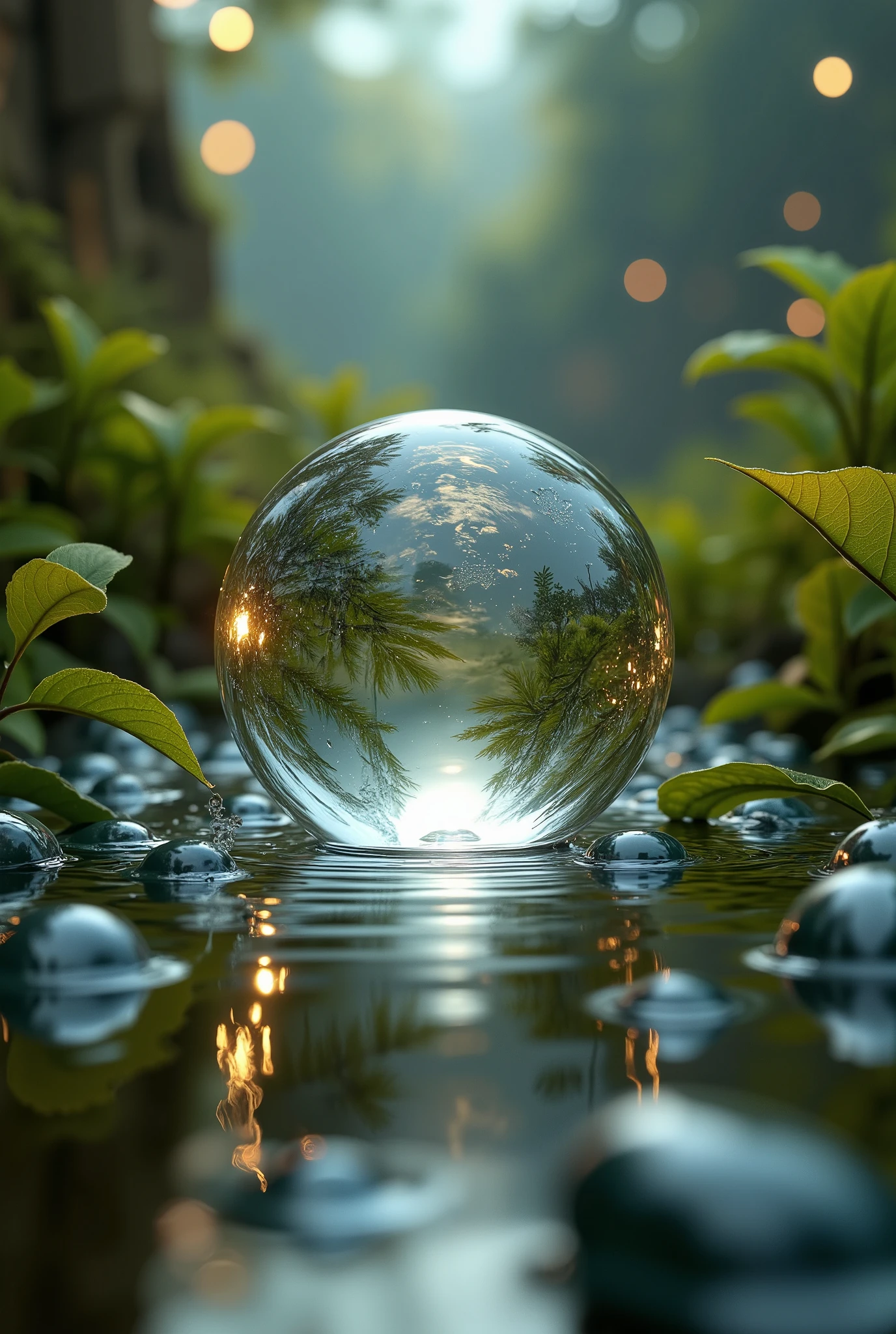 abstract and magical style ,  glitters Crystal ball with green plants in water soap bubble.  abstract background with transparent sphere .  background beautiful warm colors ,  magic water splash ., chiaroscuro, depth of field, cinematic lighting, UHD, Retina,  masterpiece , Accurate, Super detail, high details,  high quality ,  award winning , best quality, highres, 1080P, HD, 16K