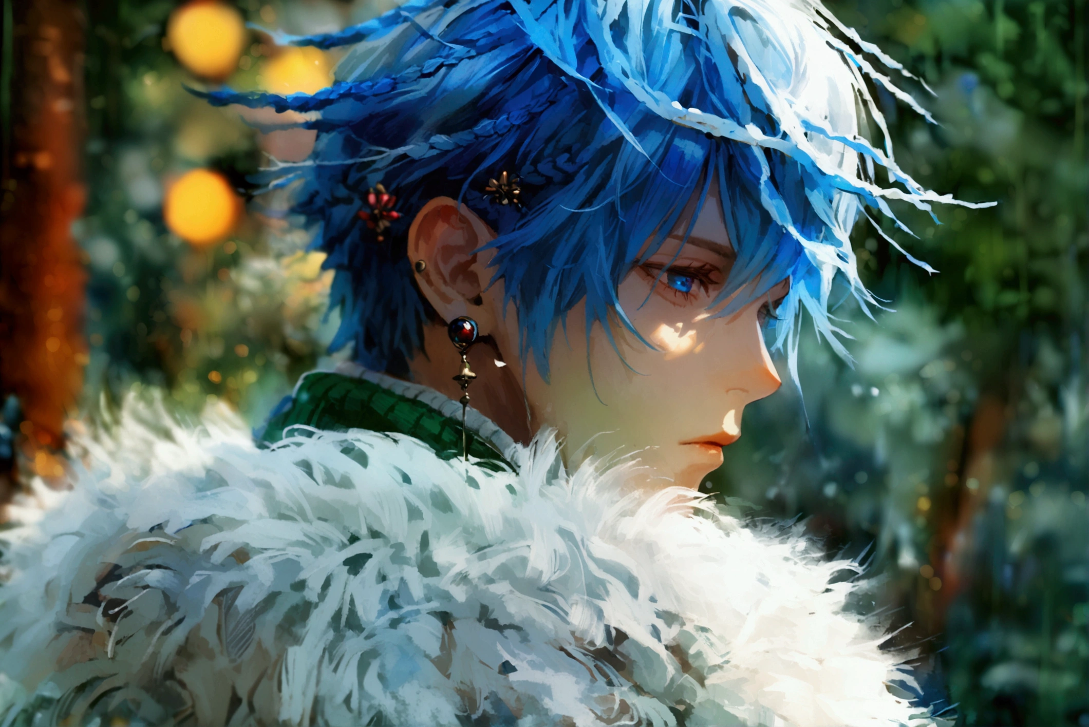 1boy,Blue and white hair color,Blue and white hair color,Red Hairpin,full body,green backgroud,cardigan,