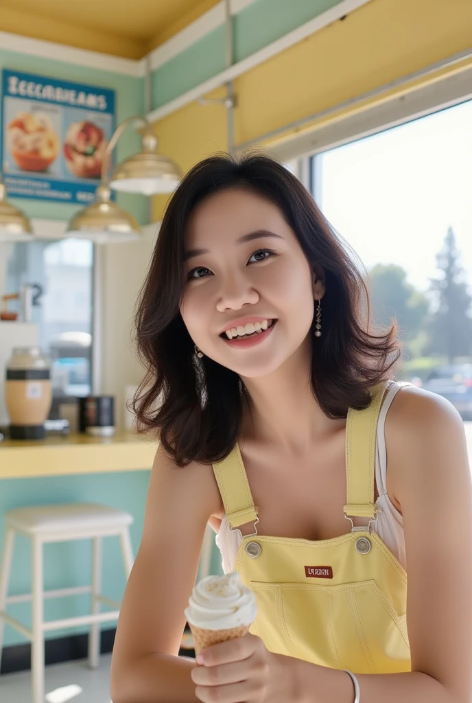 Portrait Korea Girl look at camera, long hair, Overalls, Retro ice cream parlor with pastel-colored walls, a classic soda fountain counter, and vintage ice cream posters, bathed in warm sunlight, analog film photo, Kodachrome, perfect shape, layered portraits, detailed face, detailed eyes, detailed lips, detailed nose, best quality, 4k, 8k, high resolution, masterpiece:1.2, ultra-detailed, render,