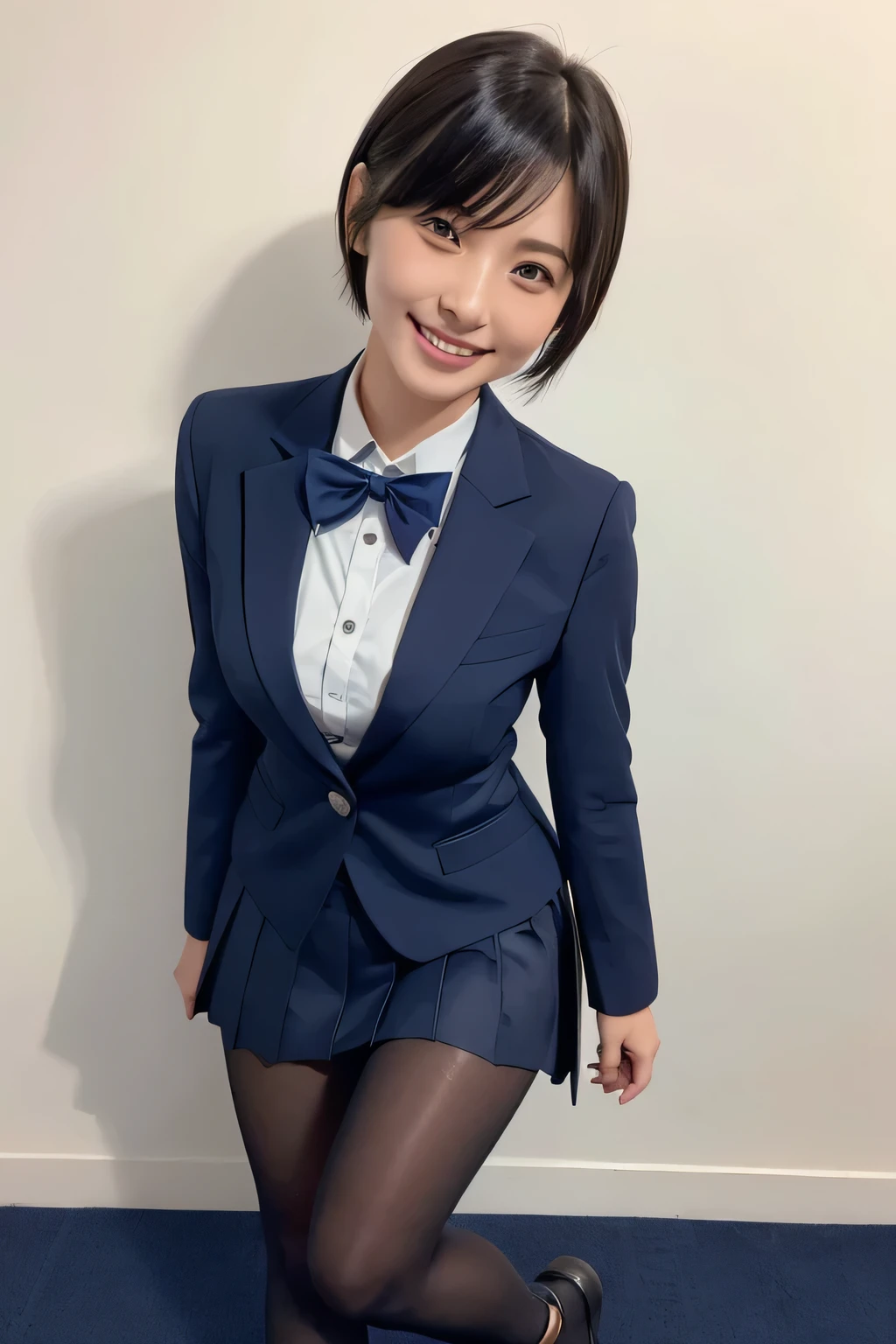 Highest quality, masterpiece, Ultra-high resolution,(((Face Focus:1.6))) (Realistic:1.6), (Portrait of a man kneeling with legs apart) RAW Photos, 1 girl, 20-year-old,((Blazer and blue checked mini skirt)),((Ponytail and hair tie)),,((Looking up at the audience)),Realistic,((background)), Image Media Chest)),((Smiling with teeth showing)),