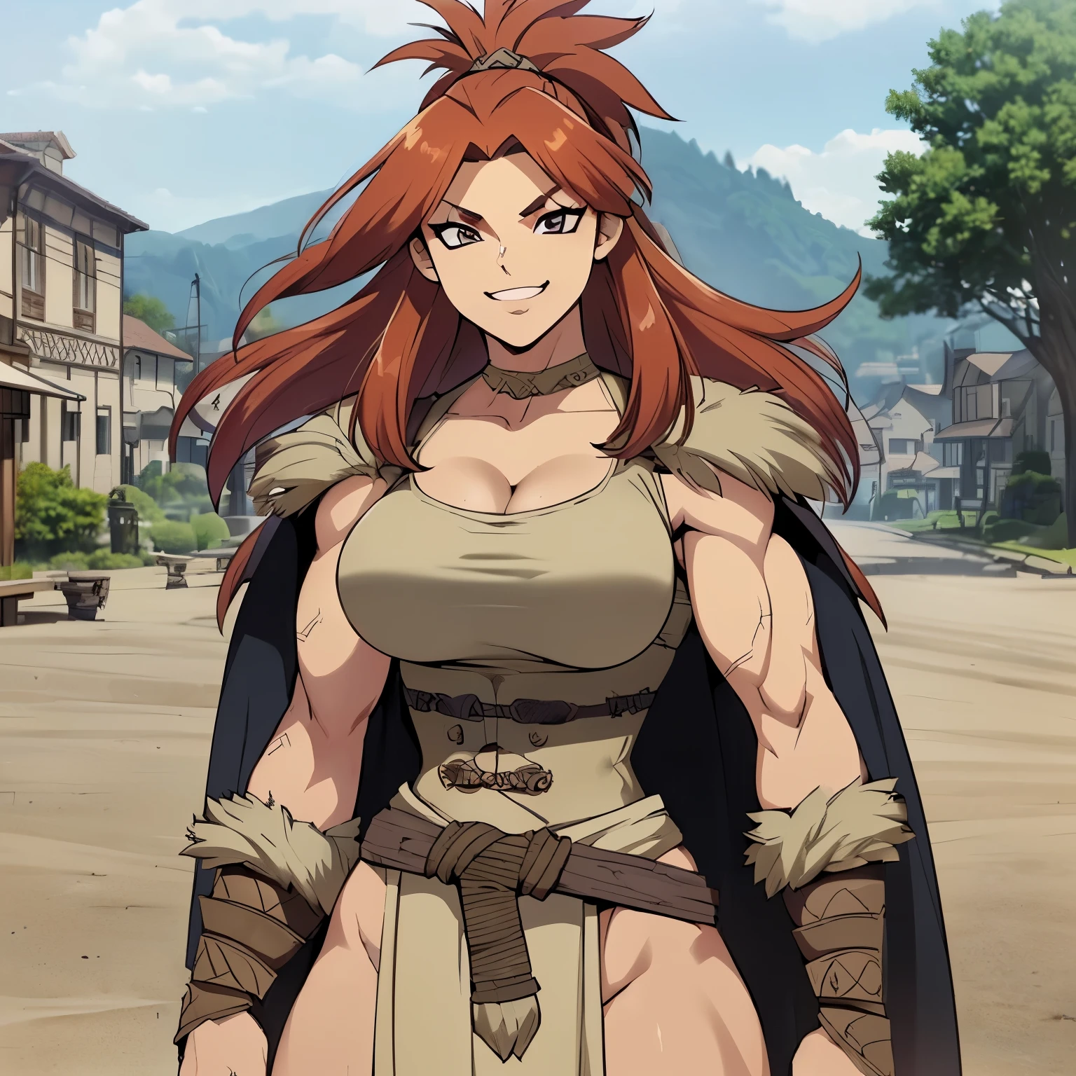 ( best quality:1.2),(  perfect beautiful face with a sword around her waist :1.2),( perfect and beautiful posture :1.2), (( fantasy world,  meet at the village square )), ((Female Barbarian , barbarian_woman, armor)), Muscular, Tall, Crimson Hair ,  ponytail hair ,  black eyeshadow, ( magical armor with decorations, Wear a fur cape ),  looking at the camera, (mature female), Waving, smile