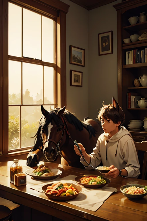 anthro male horses having a meal, stilage