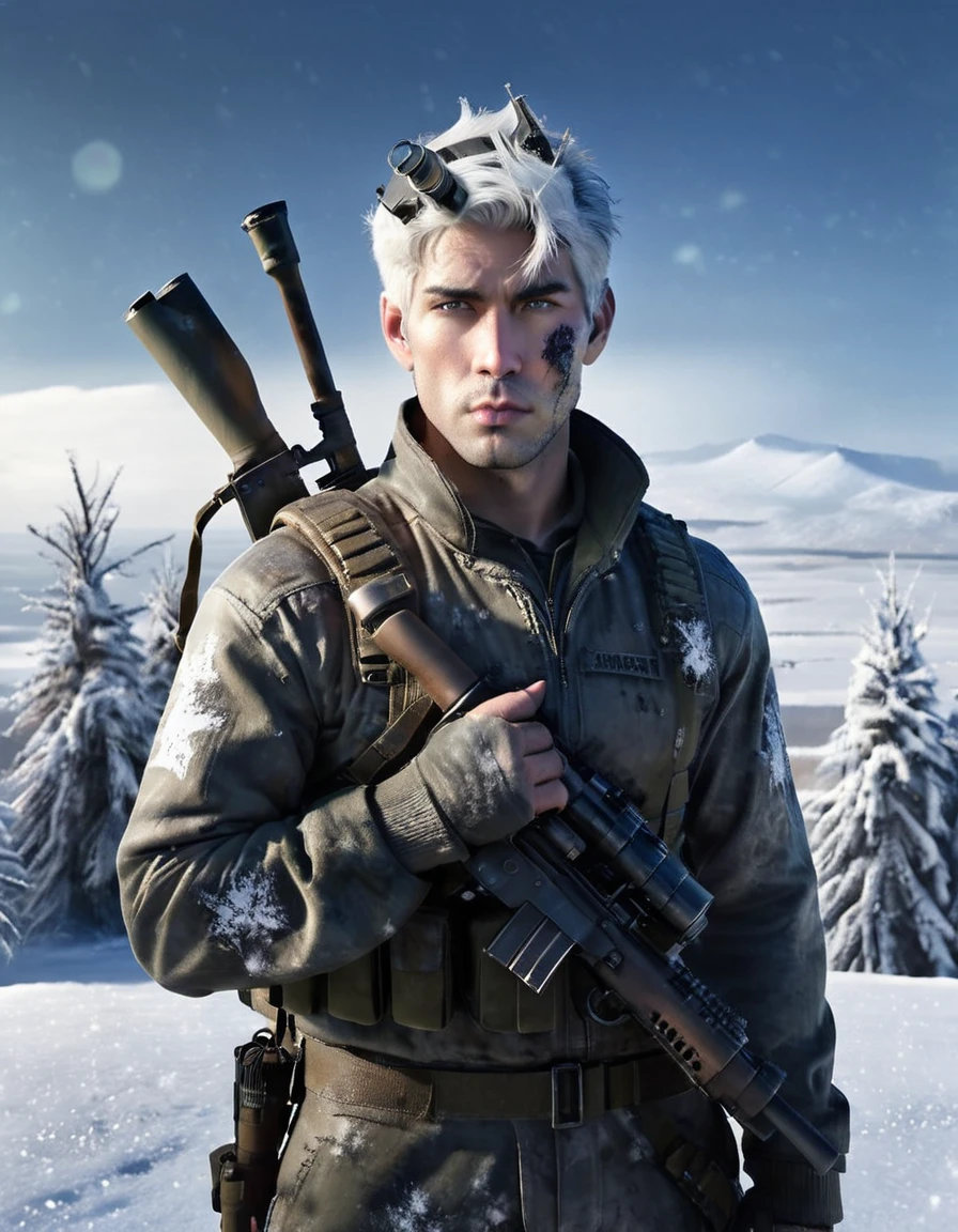 A full-body, ultra-detailed depiction of a handsome, swarthy man standing in a post-apocalyptic, desolate wasteland covered in snow. He is holding an M82A1 sniper rifle (emphasized details: 1.3), wearing a tight-fitting stealth suit with futuristic elements. His tall, imposing figure and tough expression convey resilience, complemented by short silvery-white hair and a weather-beaten face with blood stains. Bandages wrap around his head, and his face is painted with military camouflage. He wears a Christmas hat, adding a unique contrast to the grim scene. The snowy background features a devastated Siberian or northeastern post-nuclear landscape, with remnants of dead trees, icy debris, and glowing fallout in the distance. The scene is highly detailed, photorealistic, and set in cinematic lighting, with the man exuding a sense of raw survival and determination.