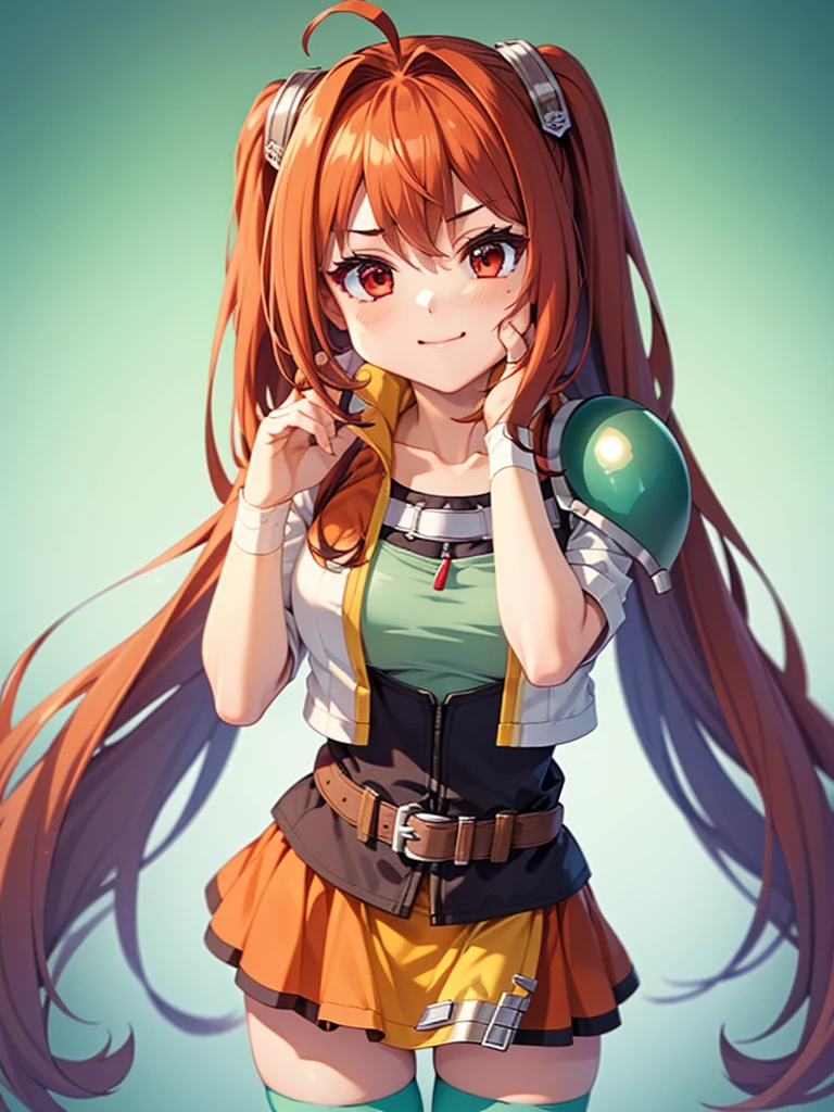 (masutepiece, Best Quality, hight resolution, nffsw, Perfect Pixel, depth of fields, 4K), Beautiful anime girl, Perfect body ,, PinchingPOV, pov, cheek pull,,scEstelle, cropped jacket, green shoulder pad, tan shirt, orange skirt, belt, white thighhighs,,