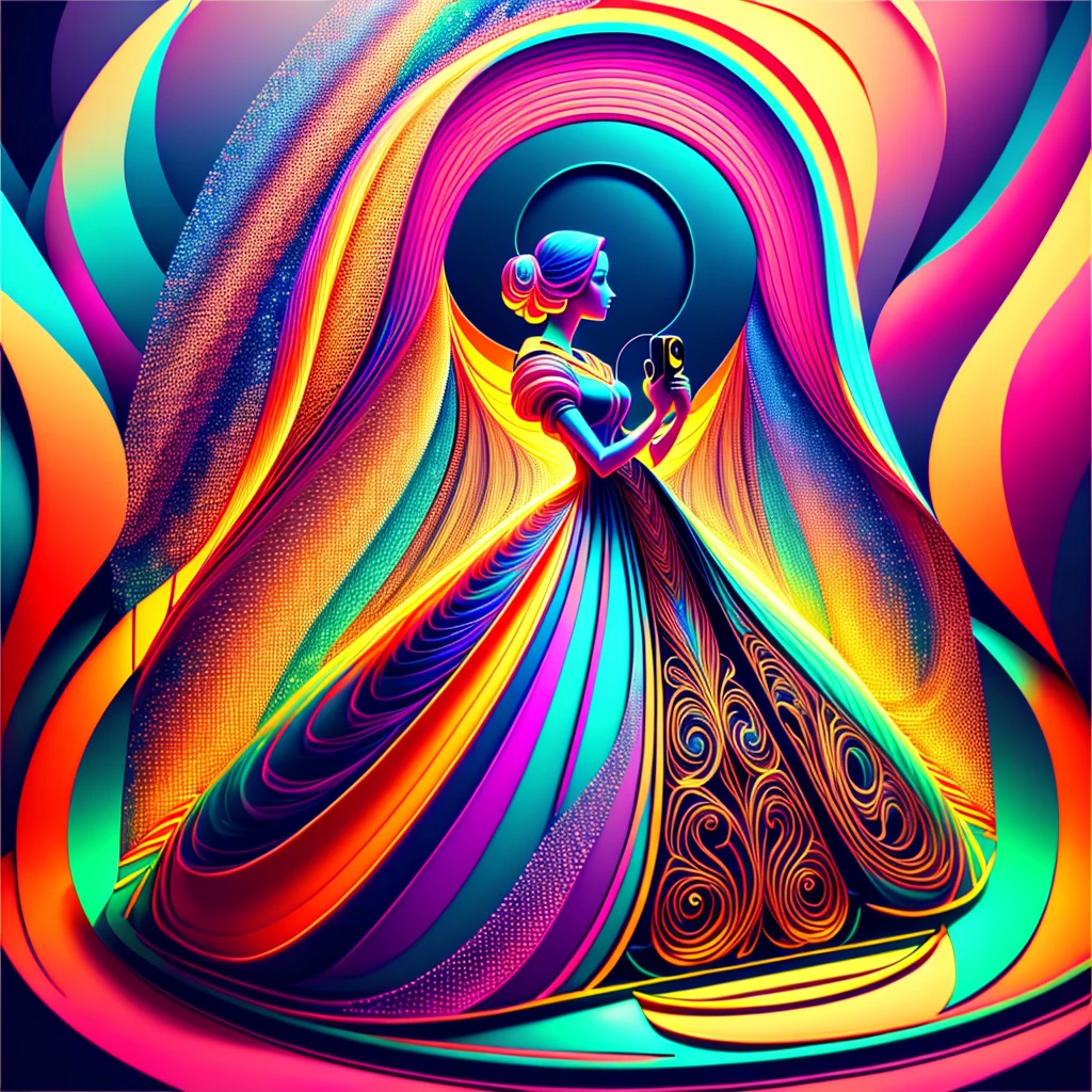 multidimensional paper quilling,  A woman in a beautiful long dress， Usando fones de ouvido , large subwoofer in the background, neon light, 3 d neon art of a female body,  Classic hyper-realistic style , futuristic art style,  Beautiful noble woman model  ,  Gothic style  ， hyperrealistic,  Renaissance fashion model , 8K surreal baroque art , beautiful digital art,  Masterpiece art style , Elegant glasses,  LIVING COLOR,  stunning digital art , stunning digital art