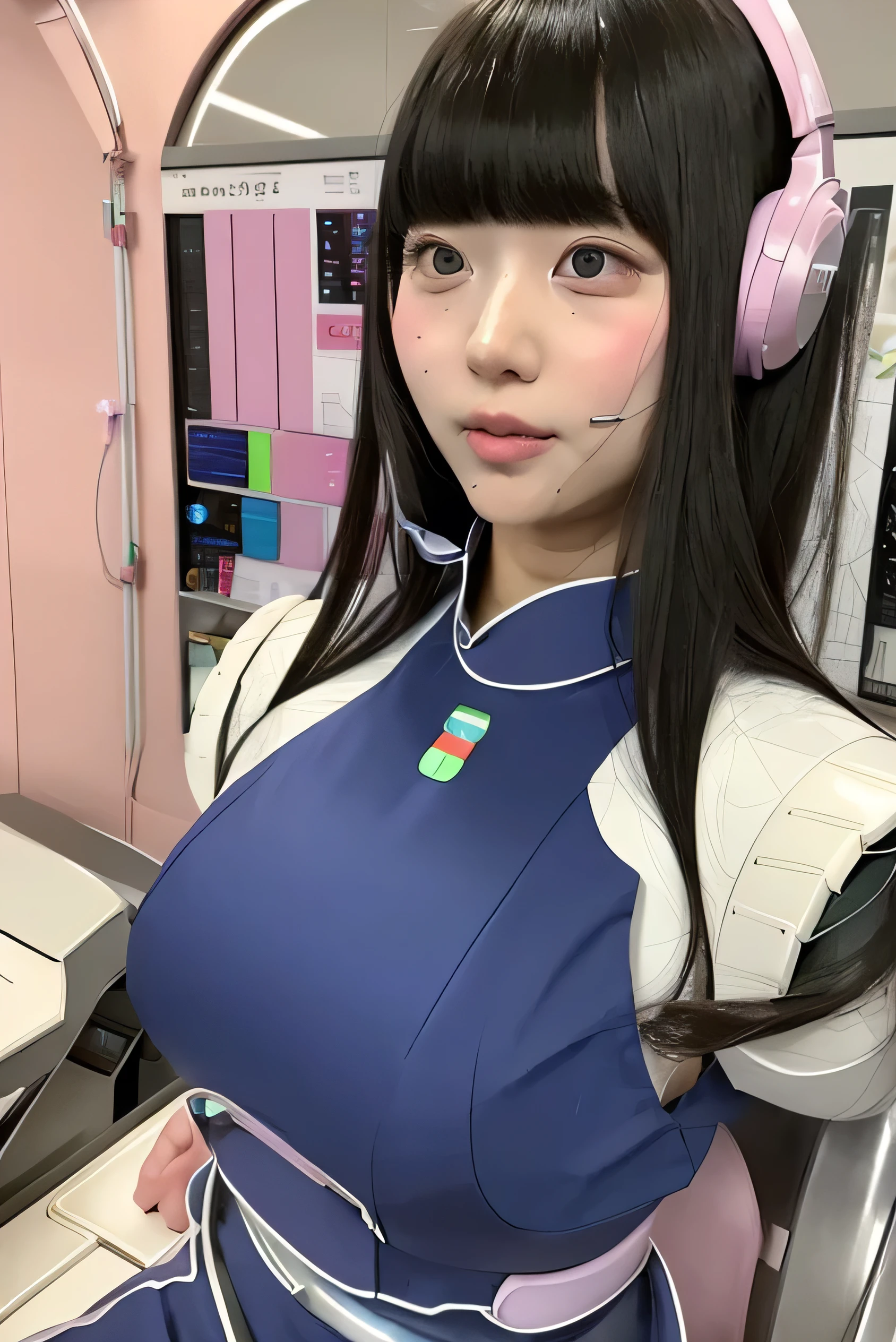 masterpiece, best quality, extremely detailed,portrait,front view,Japaese android girl,Plump,pastel color uniform, control panels,android,Droid,Mechanical Hand, Robot arms and legs,Blunt bangs,long tube,thick cable connected her neck,