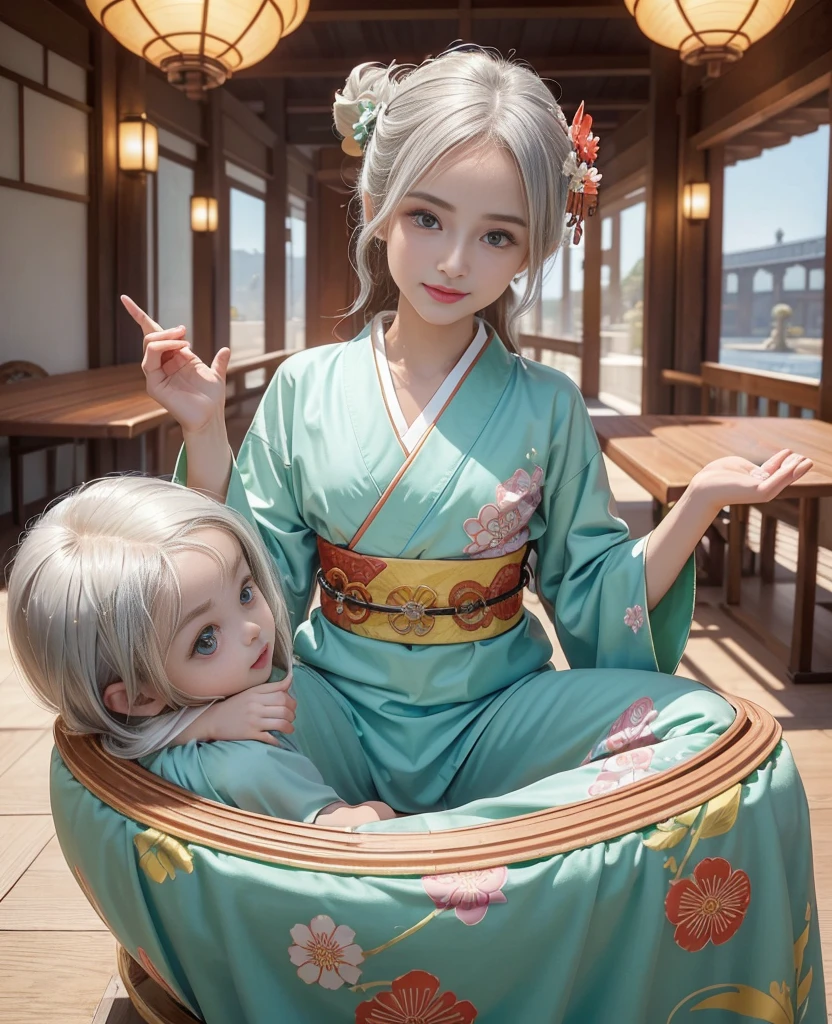 top-quality、​masterpiece、超A high resolution、(Photorealsitic:1.4)、Raw foto、1 girl in、((white  hair))、full body Esbian、large full breasts、Ultra exposed cleavage、erotick、Erotic look、gargantilha、二重まぶた、Loose and fluffy perm、semi long hair、Pleated skirt with slit、Staring at us with your whole body、Close up in black and white kimono, sōsaku hanga, hakama kimono, Anime Cosplay, Onmyoji, Komono,, high quality costume, intricate hakama, flowing magic robe, bath robe, japanese kimono、((Teenage Korean schoolgirl))、((Korean Female Idols))++、((human girl))、((a baby face))、