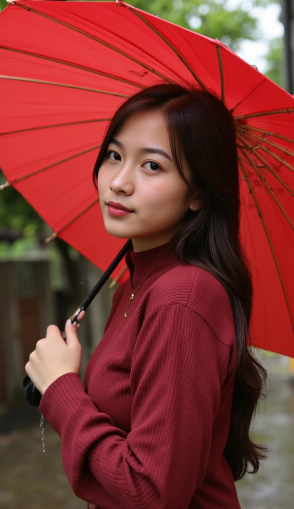 A hyperrealistic depiction of a indonesian young woman. he’s looking directly at the viewer with glowing eyes and a confident  expression. The side angle perspective is subtly diagonal, showing her walking under the rain while holding a classic chinese paper umbrella, The background is blurred but suggests a  well-lit, rainy village. The color scheme is sharp and  realistic.   The texture of her clothing is clearly visible,  suggesting a comfortable yet sexy outfit.  The image is richly  saturated with color and well-lit.