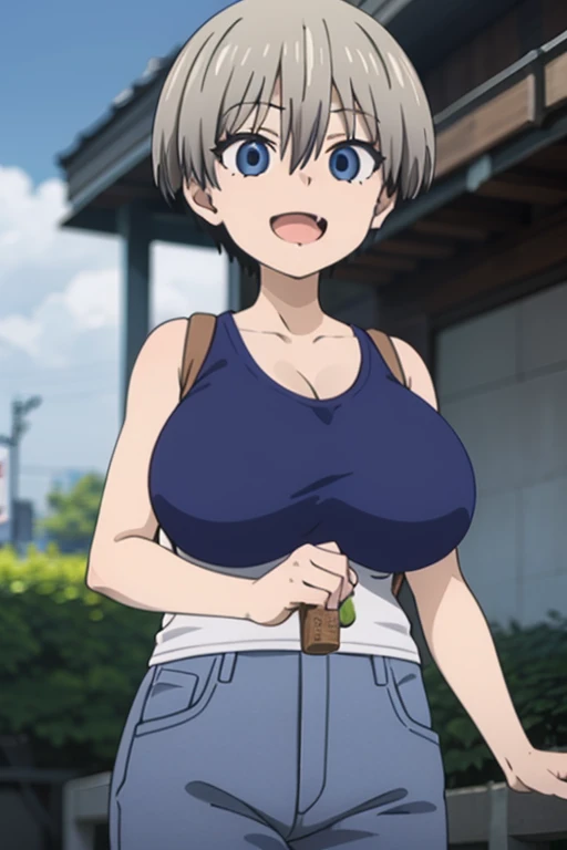 best quality, high resolution, city, tokyo,1girl, huge breasts, 1girl,short hair,blue eyes,bangs,skin fang,grey hair,fang,hair between eyes, smile, looking at viewer, cowboy shot, tanktop, denim shirts, hollow eyes, highlight off , No Emotion, open her mouth , makes me drool,よだれを垂らす, 