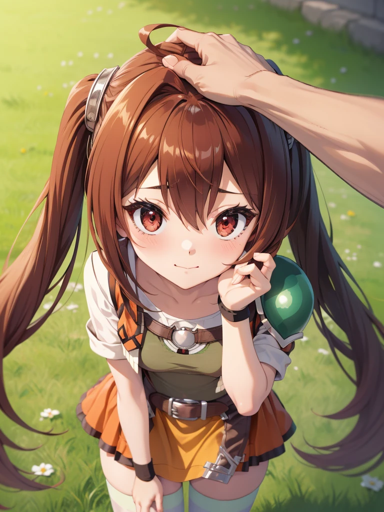 (masutepiece, Best Quality, hight resolution, nffsw, Perfect Pixel, depth of fields, 4K), Beautiful anime girl, Perfect body ,, IncrsHeadpatPOV,
headpat, pov, scEstelle, cropped jacket, green shoulder pad, tan shirt, orange skirt, belt, white thighhighs,,