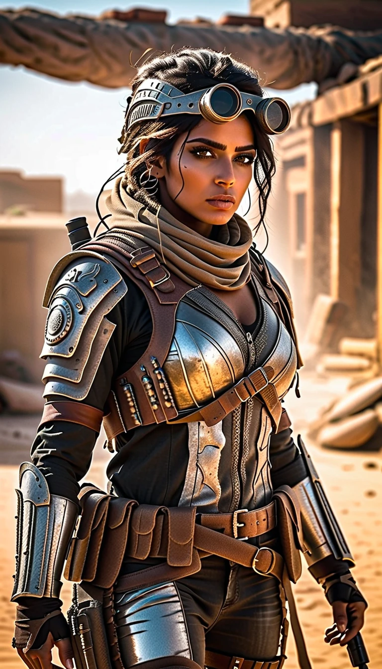 Full body from head to toe, highly detailed and photorealistic depiction of a Persian female post-apocalyptic warrior. She exudes confidence and resilience, wearing a scratched silver combat suit with intricate biomechanical details and a weathered leather jacket layered over her armor. Wearing a hat with crow feathers , apocalyptic soldier gear, with subtle tactical designs. The outfit includes gradient lighting effects reflecting off metallic surfaces, emphasizing the advanced technology of her attire. Her ensemble combines elegance and functionality, adorned with carefully detailed straps, holsters, and protective gear. She carries a futuristic weapon, a hybrid rifle with glowing accents. Her boots are reinforced with rugged detailing, suitable for traversing harsh terrains. The background shows a post-apocalyptic urban wasteland bathed in dramatic lighting, with dust and ruins framing the scene. Barbed wire wrapped around the character, The character is ready for action, her determined gaze capturing the spirit of survival. Perfect for a dynamic shooter game character.
