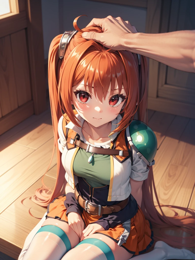 (masutepiece, Best Quality, hight resolution, nffsw, Perfect Pixel, depth of fields, 4K), Beautiful anime girl, Perfect body ,, IncrsHeadpatPOV,
headpat, pov, scEstelle, cropped jacket, green shoulder pad, tan shirt, orange skirt, belt, white thighhighs,,sitting