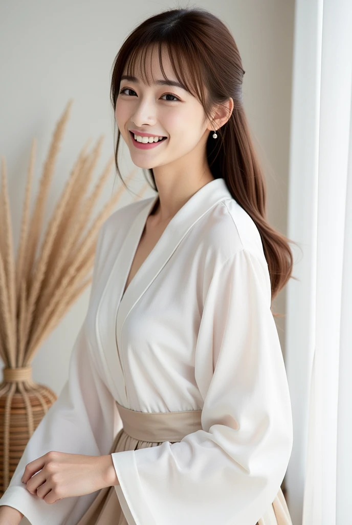 A portrait of a young woman with bangs, captured in a minimalist setting. Wearing a white Blause and elegant skirt. She is joyfully smiling. Wearing a elegant hanfu.  Random posing.