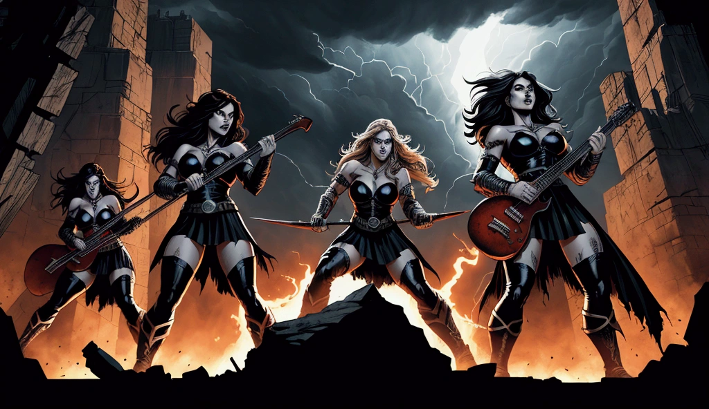 A picture of a woman with a sword and two other women, as illustrated in top cow comics, zenescope, inspired by Mark Brooks, Inspired by Clyde Caldwell, adrian smith fantasy art, Fantasy comics, Inspired by Earl Norem, author:Mark Brooks, comic cover art, tyler edlin fantasy art, pinup. lord of daggers