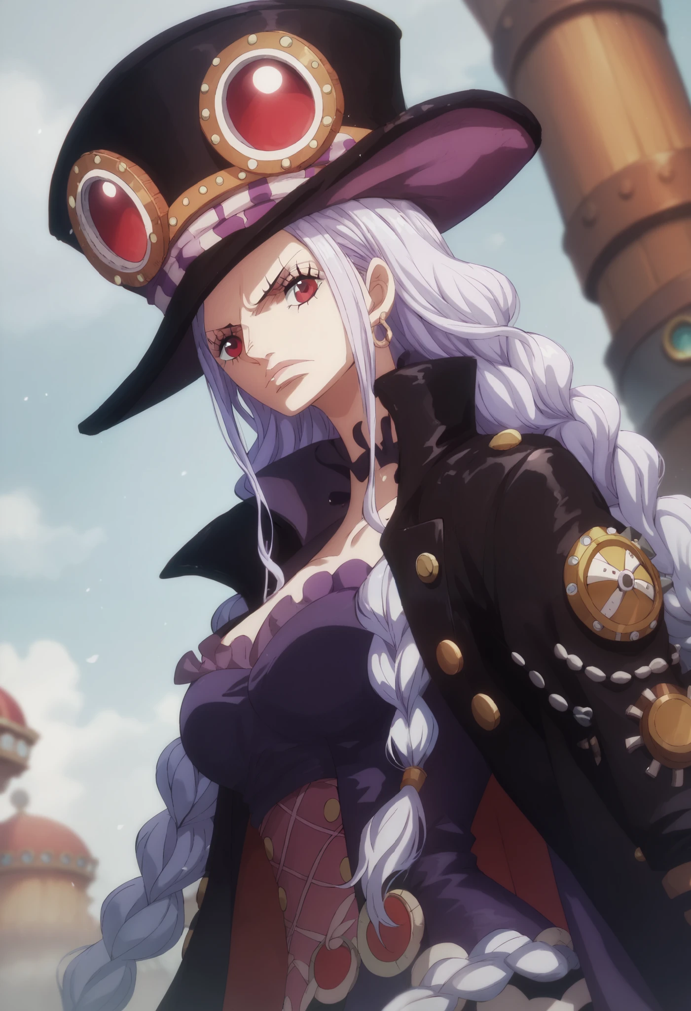 A woman from one piece, long hair, steampunk aesthetic , hat, very dark purple clothes, extravagant, black jacket, red eyes, silver braids, goth