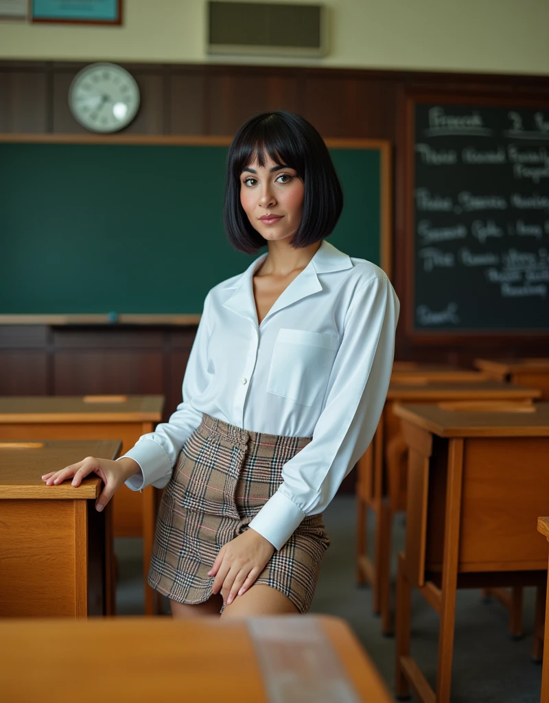 Aitana Ocaña, wearing sexy school clothes, in a classroom