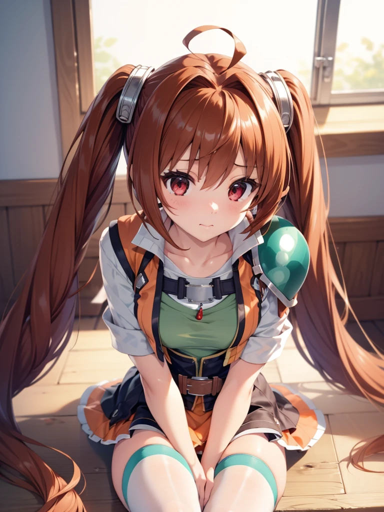 (masutepiece, Best Quality, hight resolution, nffsw, Perfect Pixel, depth of fields, 4K), Beautiful anime girl, Perfect body ,, IncrsHeadpatPOV,
headpat, pov, scEstelle, cropped jacket, green shoulder pad, tan shirt, orange skirt, belt, white thighhighs,,sitting