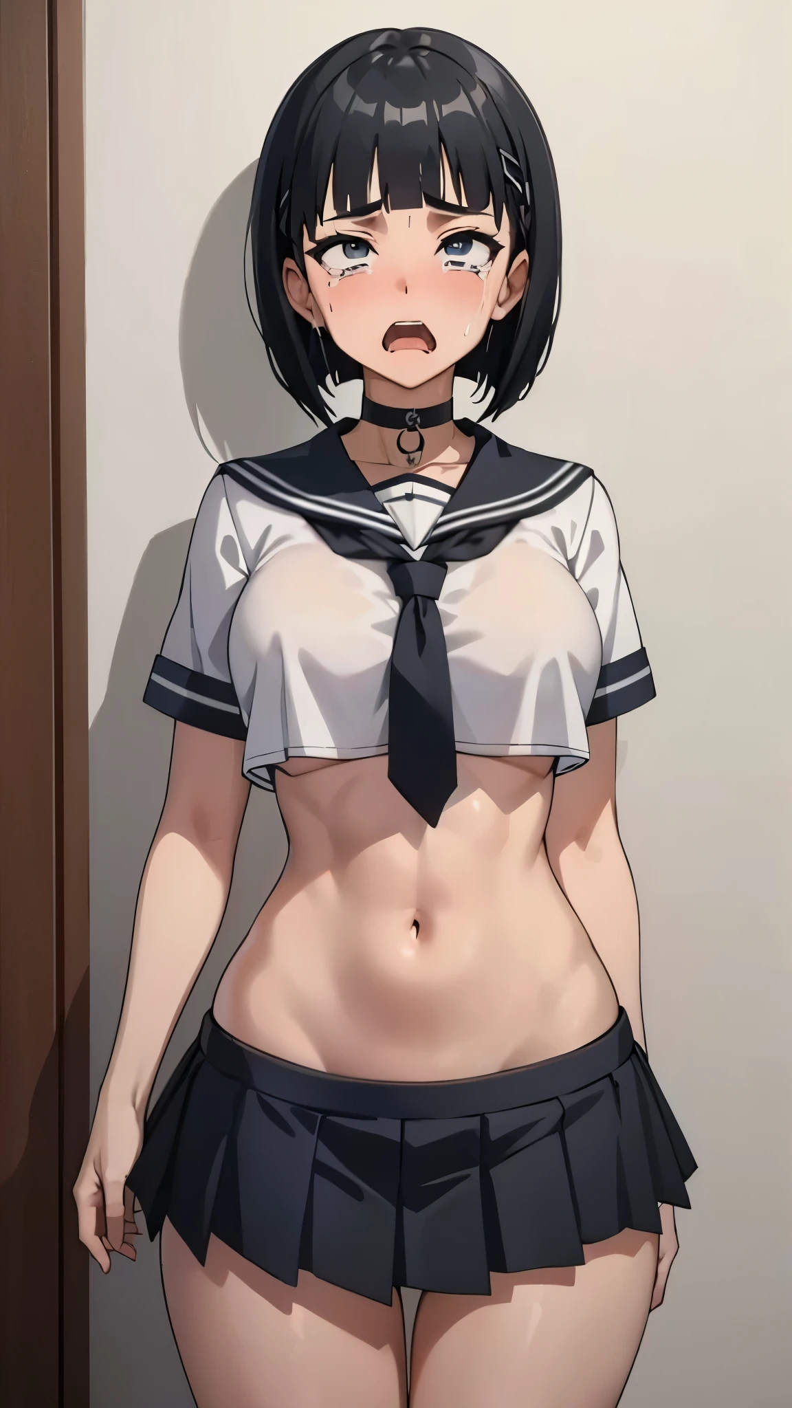 anime,EFT_Sao_Sis,((thigh-up shot)),(screaming:1.5,crying:1.2,empty eye),out tongue,(black hair,bob cut,straight bang:1.3), ((choker, short-sleeved sailor blouse,gray sailor collar,gray sailor necktie,low-rise micro pleated skirt)),big breasts,(toned body:1.8),six pack:0.7,groin