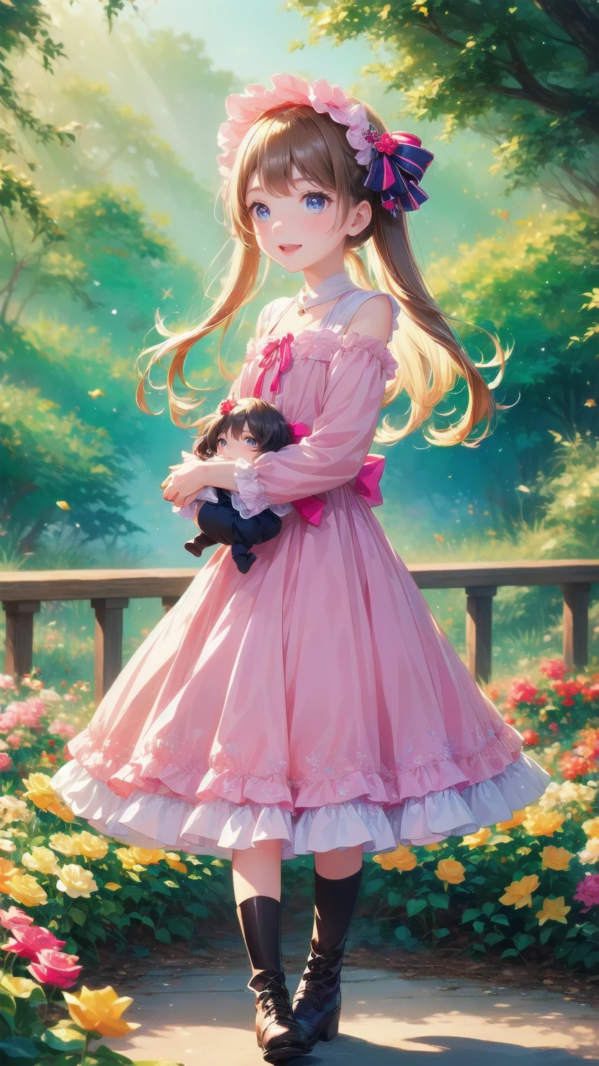  Anime Style、story、、   pretty girl 、とてもcute天使、  pink gothic dress  、cute、、smile、  Long Skirt 、   black boots 、Very cute headband
