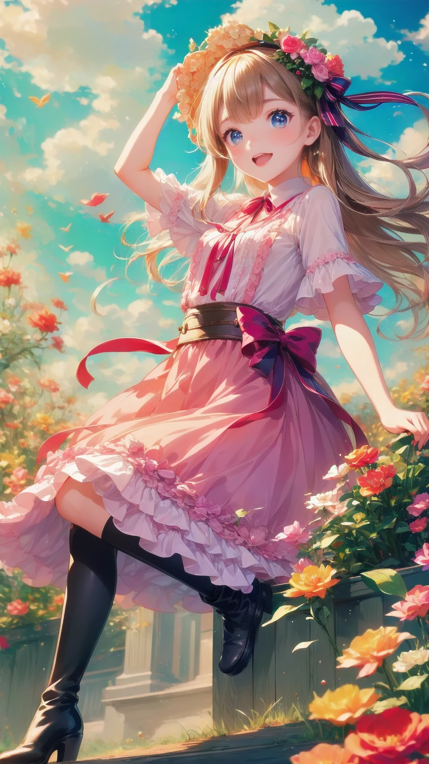  Anime Style、story、、   pretty girl 、とてもcute天使、  pink gothic dress  、cute、、smile、  Long Skirt 、   black boots 、Very cute headband
