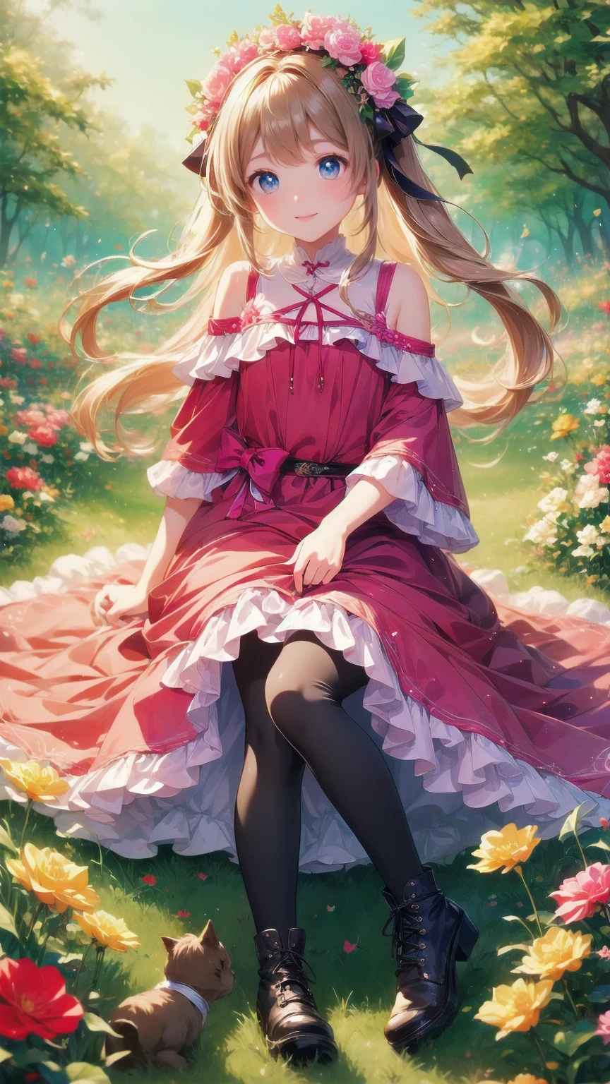  Anime Style、story、、   pretty girl 、とてもcute天使、  pink gothic dress  、cute、baby face、smile、  Long Skirt 、   black boots 、Very cute headband
