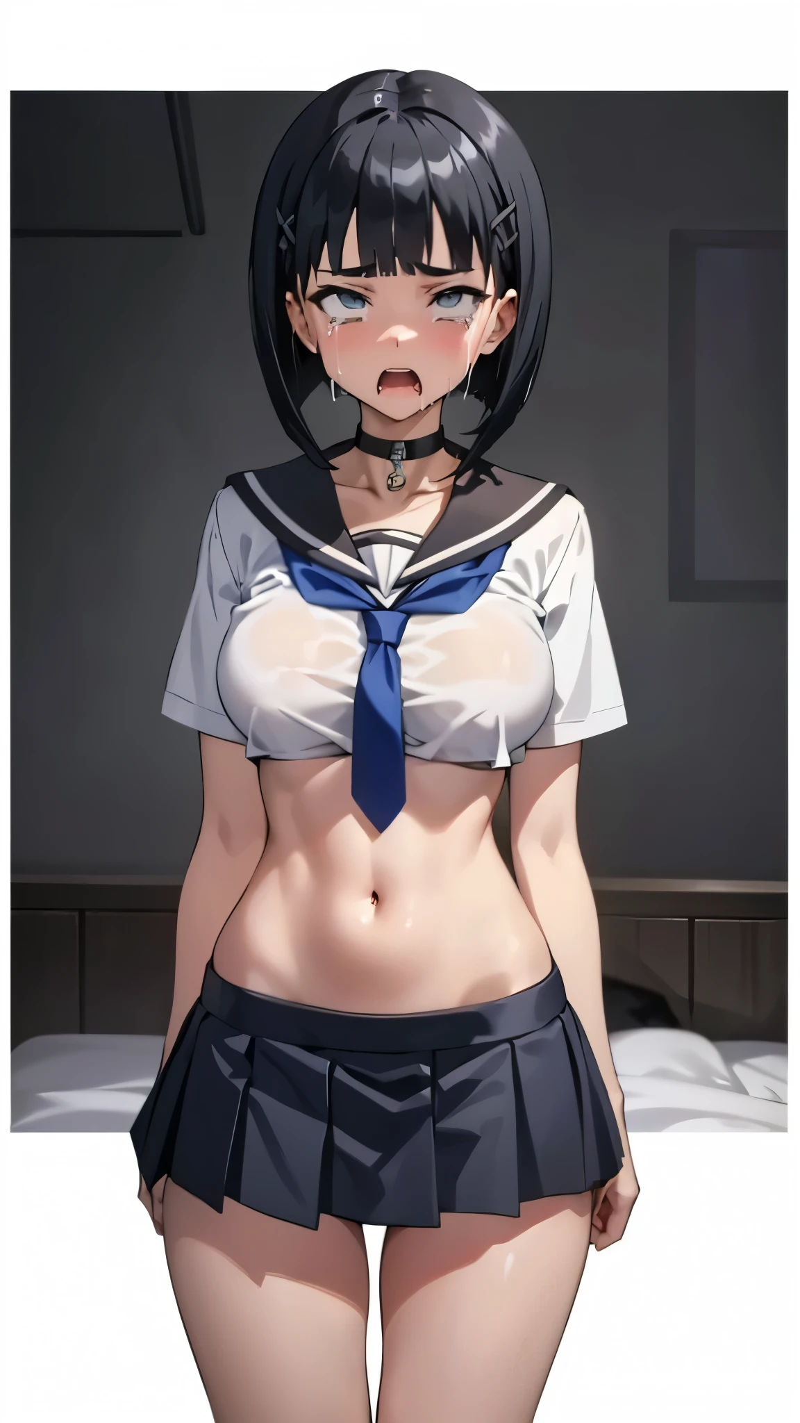 anime,EFT_Sao_Sis,((thigh-up shot)),(screaming:1.5,crying:1.2,empty eye),out tongue,(black hair,bob cut,straight bang:1.3), ((choker, short-sleeved sailor blouse,gray sailor collar,gray sailor necktie,low-rise micro pleated skirt)),big breasts,(toned body:1.8),six pack:0.7,groin