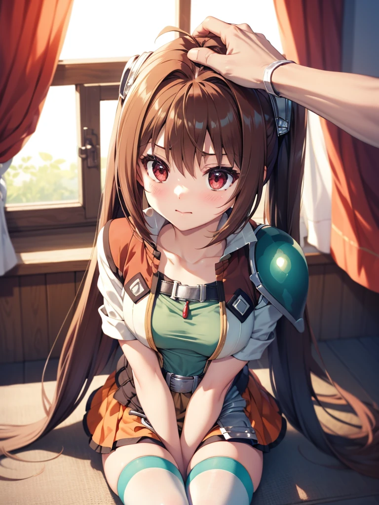 (masutepiece, Best Quality, hight resolution, nffsw, Perfect Pixel, depth of fields, 4K), Beautiful anime girl, Perfect body ,, IncrsHeadpatPOV,
headpat, pov, scEstelle, cropped jacket, green shoulder pad, tan shirt, orange skirt, belt, white thighhighs,,sitting