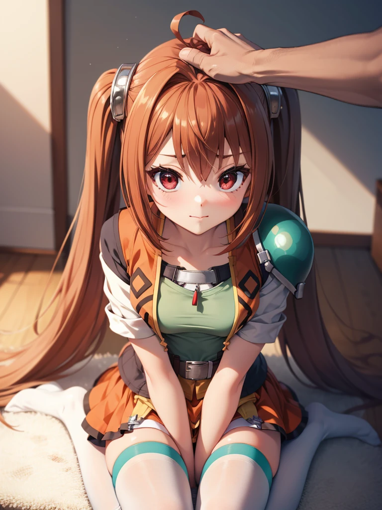 (masutepiece, Best Quality, hight resolution, nffsw, Perfect Pixel, depth of fields, 4K), Beautiful anime girl, Perfect body ,, IncrsHeadpatPOV,
headpat, pov, scEstelle, cropped jacket, green shoulder pad, tan shirt, orange skirt, belt, white thighhighs,,sitting