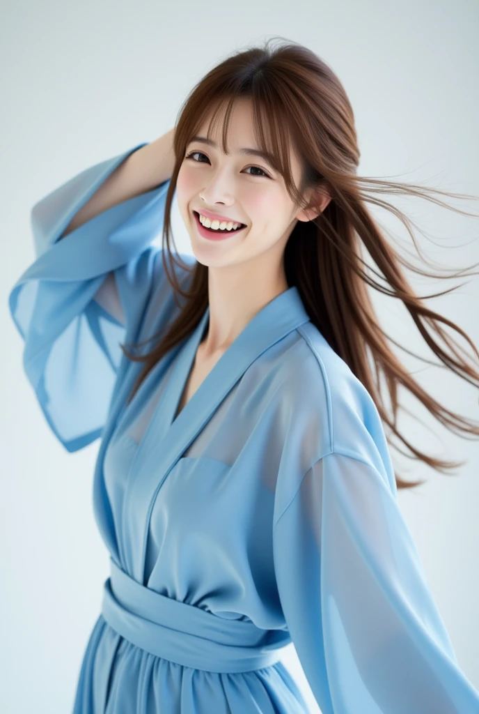 A portrait of a young woman with bangs, long hair,captured in a minimalist setting. She is joyfully smiling. Wearing a elegant sky-blue colored hanfu.  Random posing. Flowing hair in the wind, 