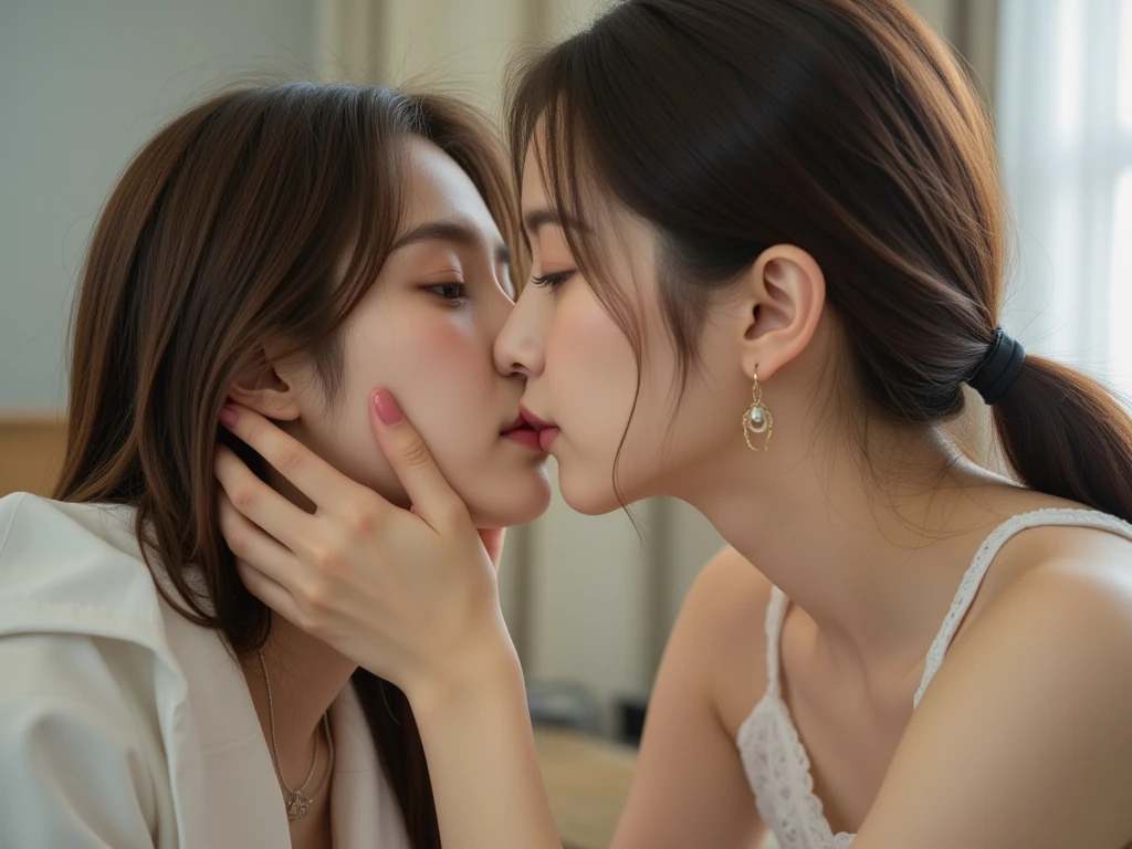 A serene Japanese actress in her 20s, radiating a pure and beautiful innocence, shares a tender kiss in a breathtakingly realistic virtual reality setting, transported from a cutting-edge VR experience, with every detail meticulously rendered in stunning high resolution and uncompromising high quality, the softness of her skin, the gentleness of her lips, and the vulnerability of her emotions, all suspended in a moment of tender intimacy, as if the viewer is actually there, feeling the warmth of her breath and the sweetness of her kiss.