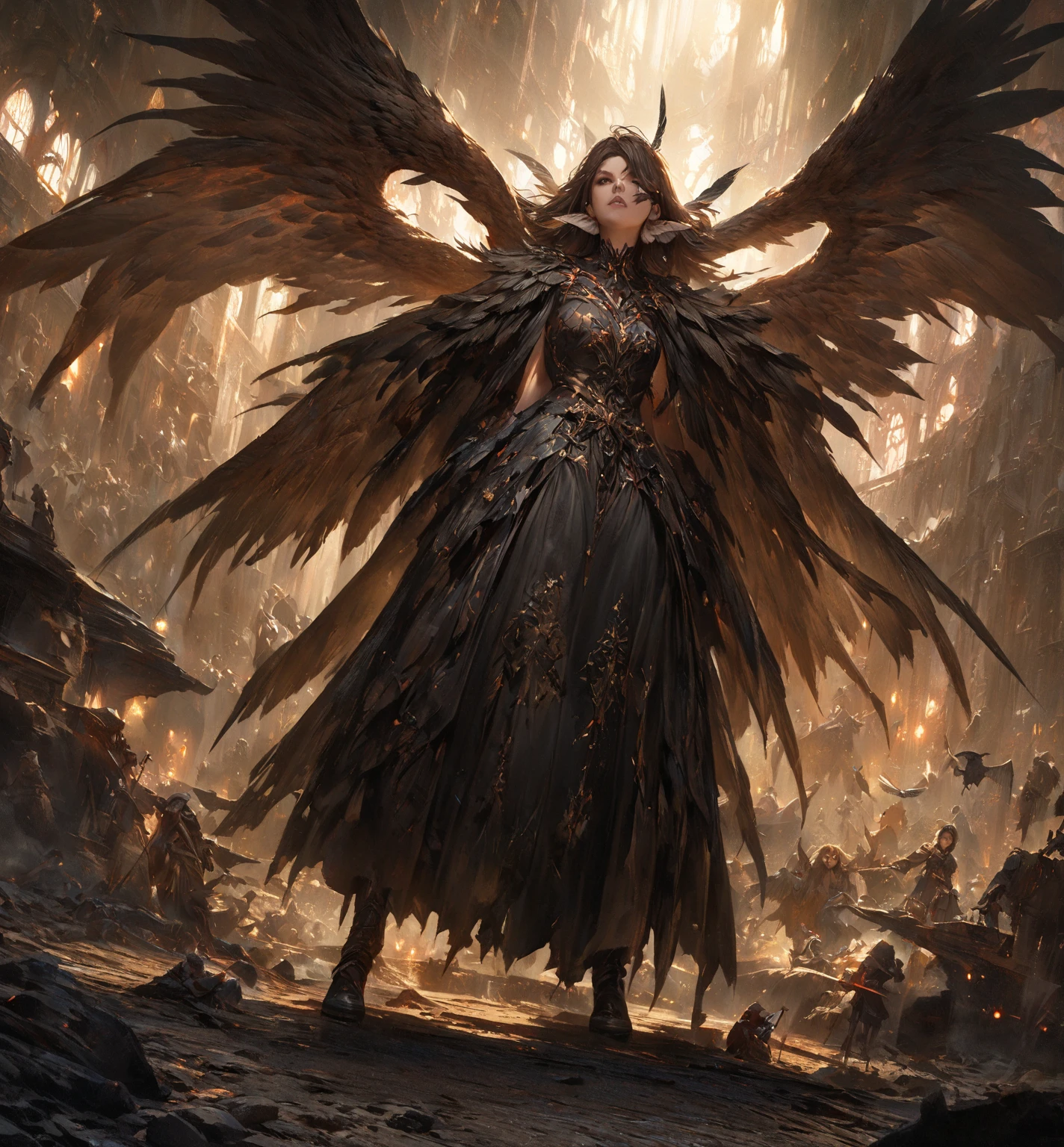  Facing Camera ，Standing on the ground， Perfect Full Body Character Watch，Birdie character，woman，Slim ，Medium build， Smooth brown skin ， dark ，Wearing a black Gothic dress ， The upper half of the face is covered by V-shaped feathers and half of the face，Eyes covered ， The ears are covered with upward Owl wings ， hair on both sides decorated Feather hair ornament ， Hands are huge owl wings ，[ Vibrant appearance , Creative Behavior , Imaginative, Sensibility, spontaneous, skin texture， [[ Ultra wide angle lens ，Remote Panorama ，masterpiece,  Alina ,  Highly Detailed , Super Fine， Height Detail ，Light Tracking ， movie light effect ,  illustration,  8K Resolution Concept Art ， Dark fantasy art ， Dark Fantasy Character Design ， Concept Art Wallpaper ， Epic Dramatic Atmosphere ,  Height Detail, fantasy realism,   Professional Digital Art ,